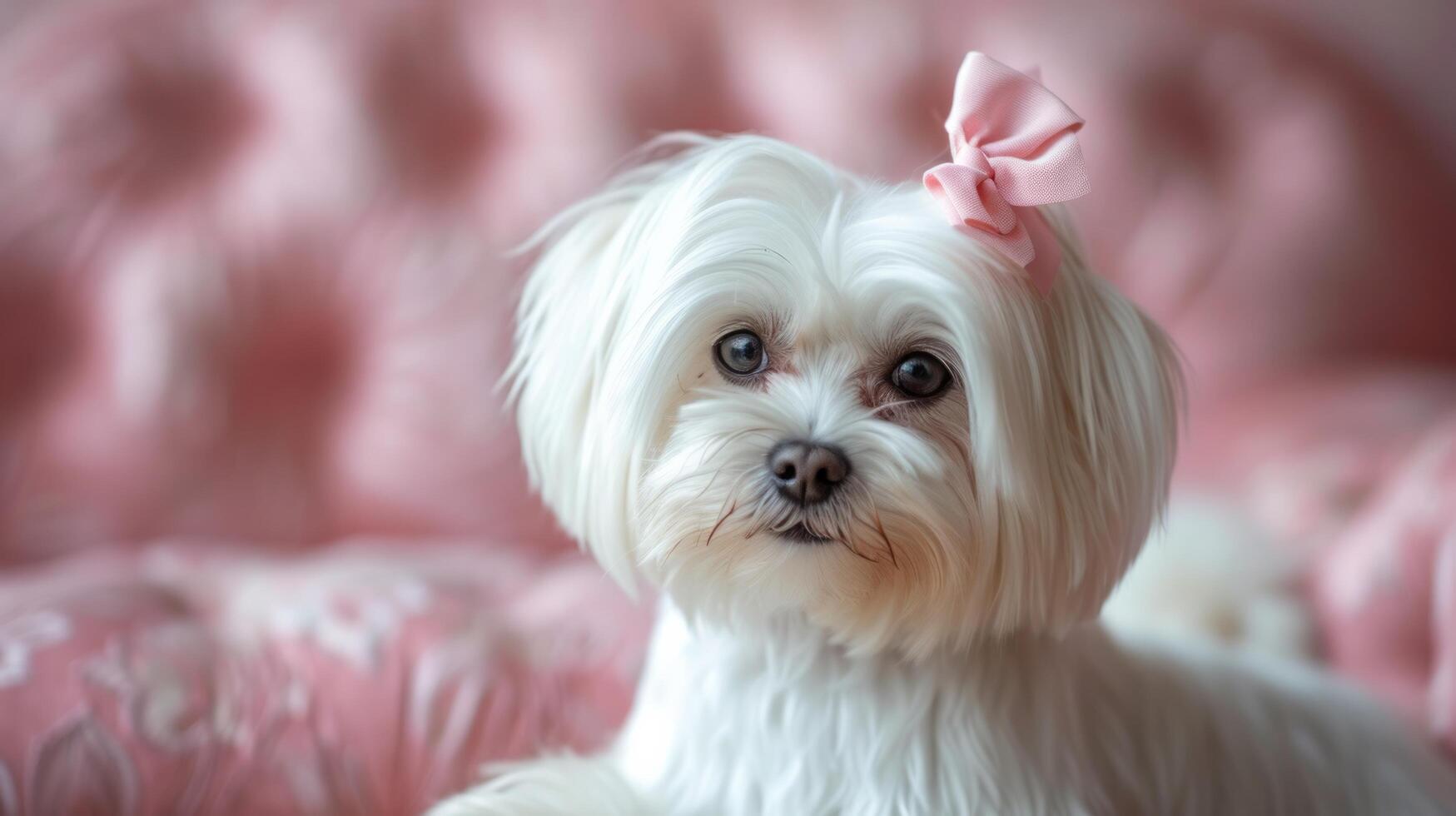 AI generated A beautifully groomed white Maltese dog with a pink bow on her head looks at the camera photo