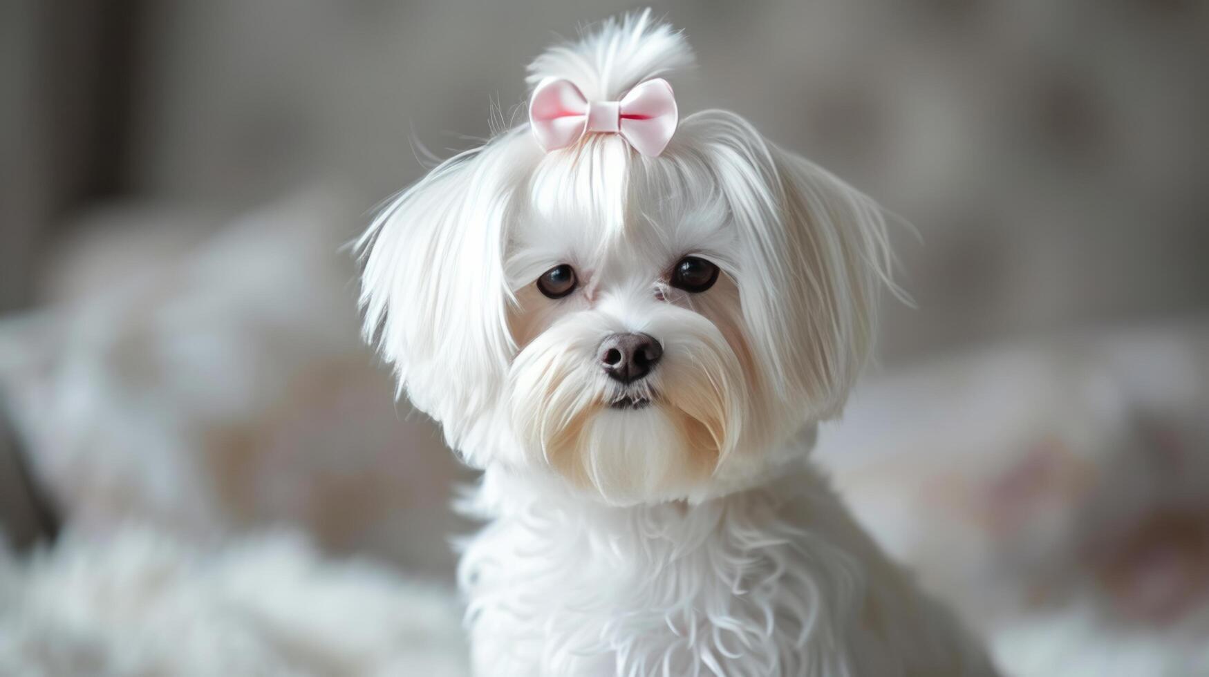 AI generated A beautifully groomed white Maltese dog with a pink bow on her head looks at the camera photo