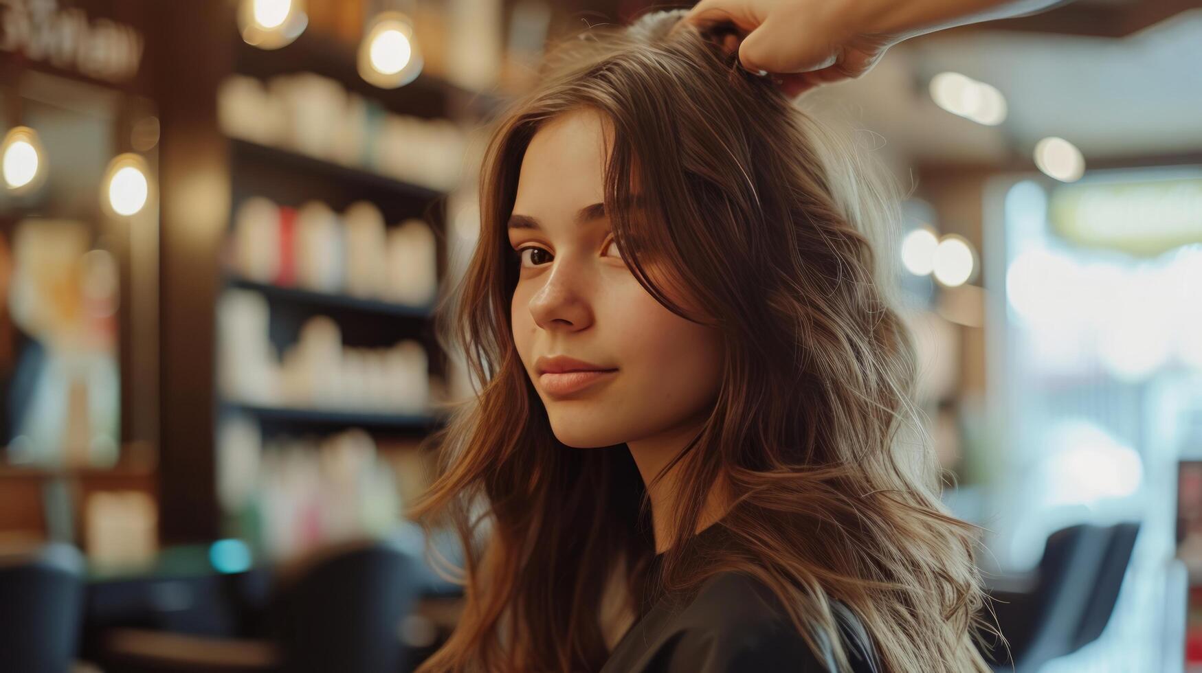 AI generated A young beautiful girl hairdresser does the hair of a beautiful brunette in a beauty salon photo