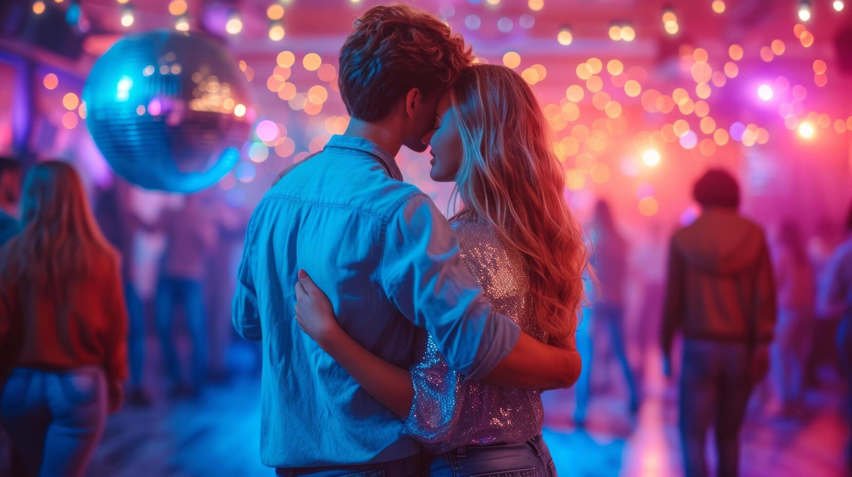 AI generated A young couple in jeans and shiny T-shirts dances at a disco photo