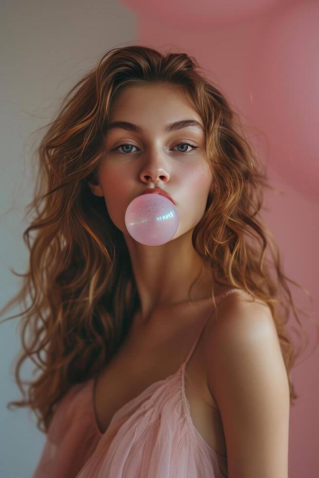 AI generated Beautiful girl blows a big pink bubble from bubble gum photo