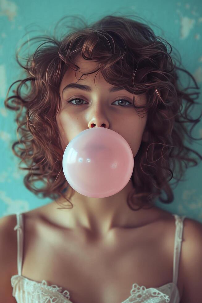 AI generated Beautiful girl blows a big pink bubble from bubble gum photo