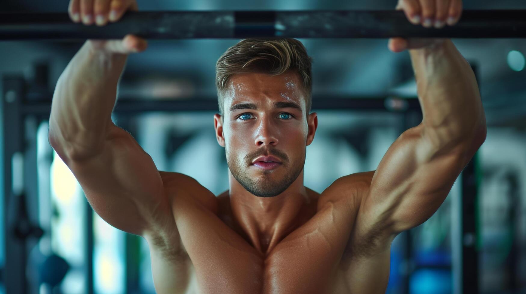 AI generated Handsome athletic man doing pull-ups on the horizontal bar photo