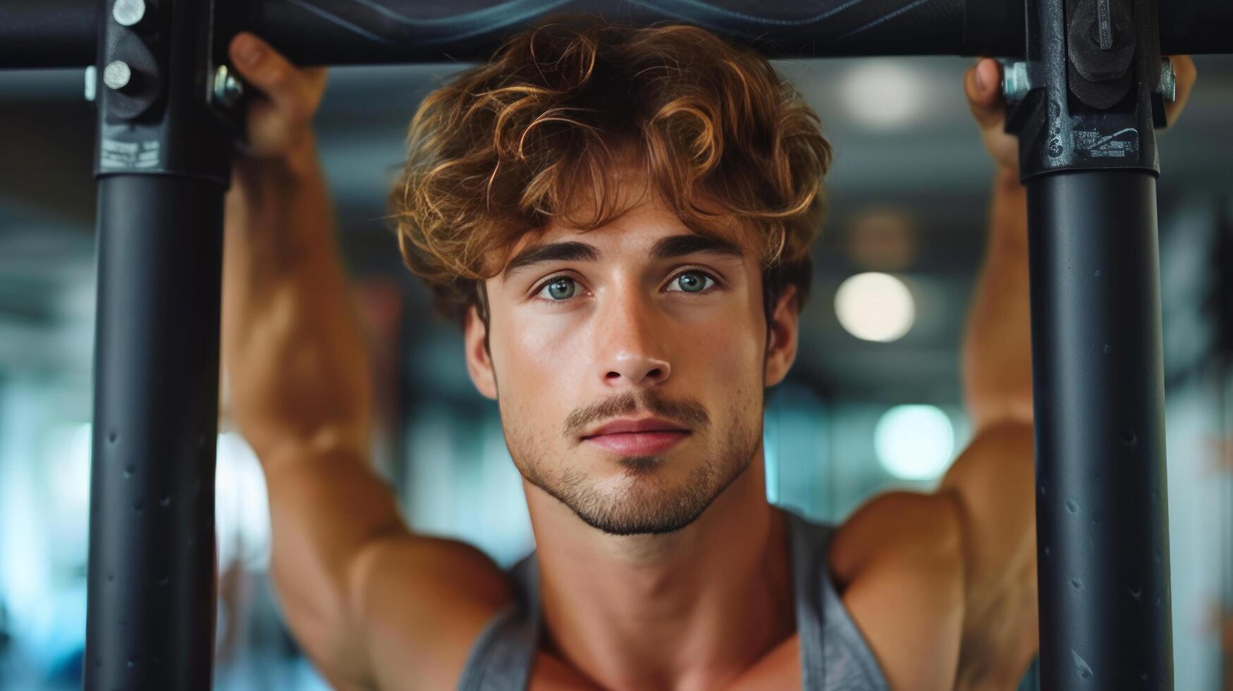 AI generated Handsome athletic man doing pull-ups on the horizontal bar photo