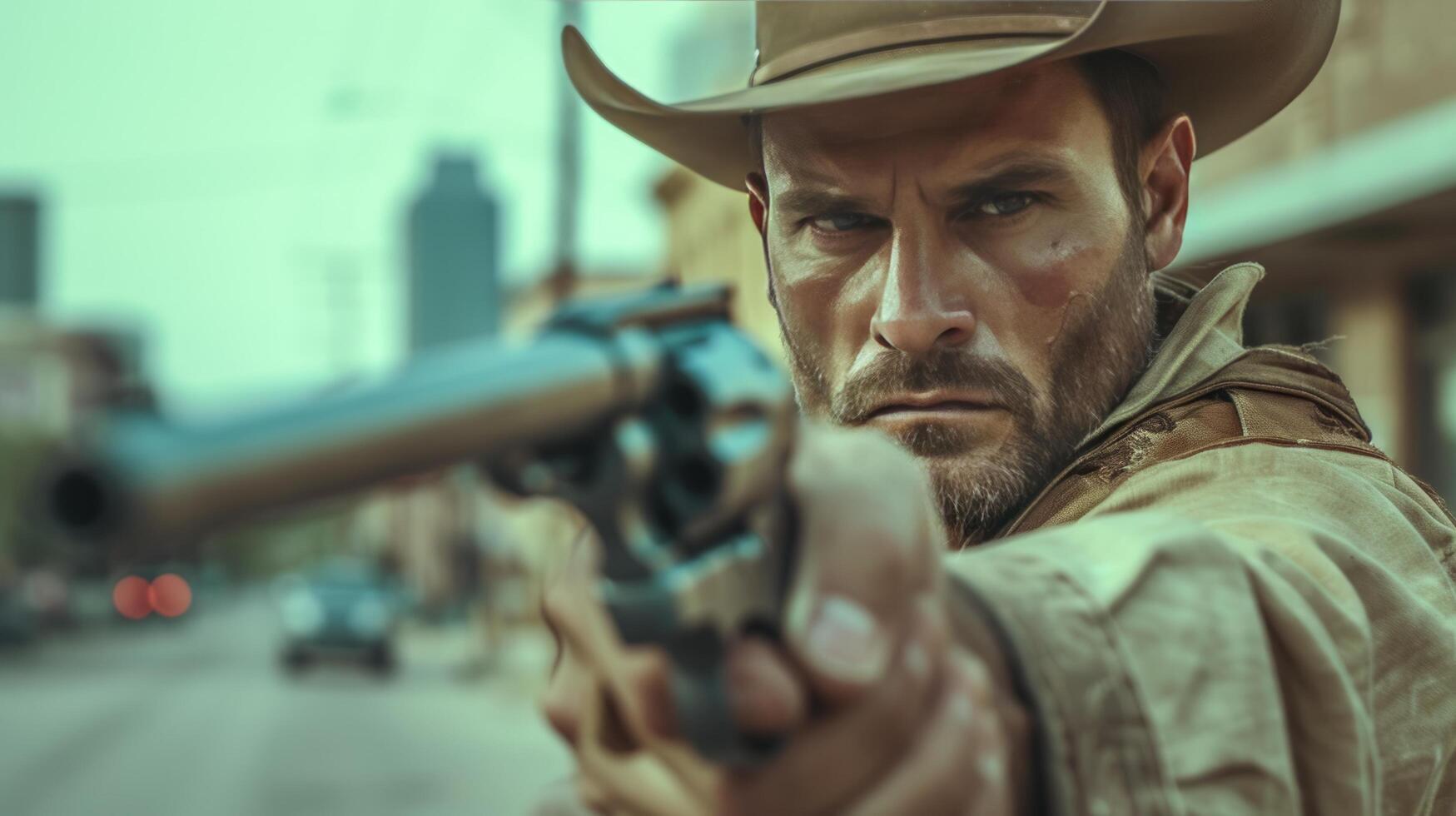 AI generated Handsome cool Texas Ranger with a gun looking at the camera photo