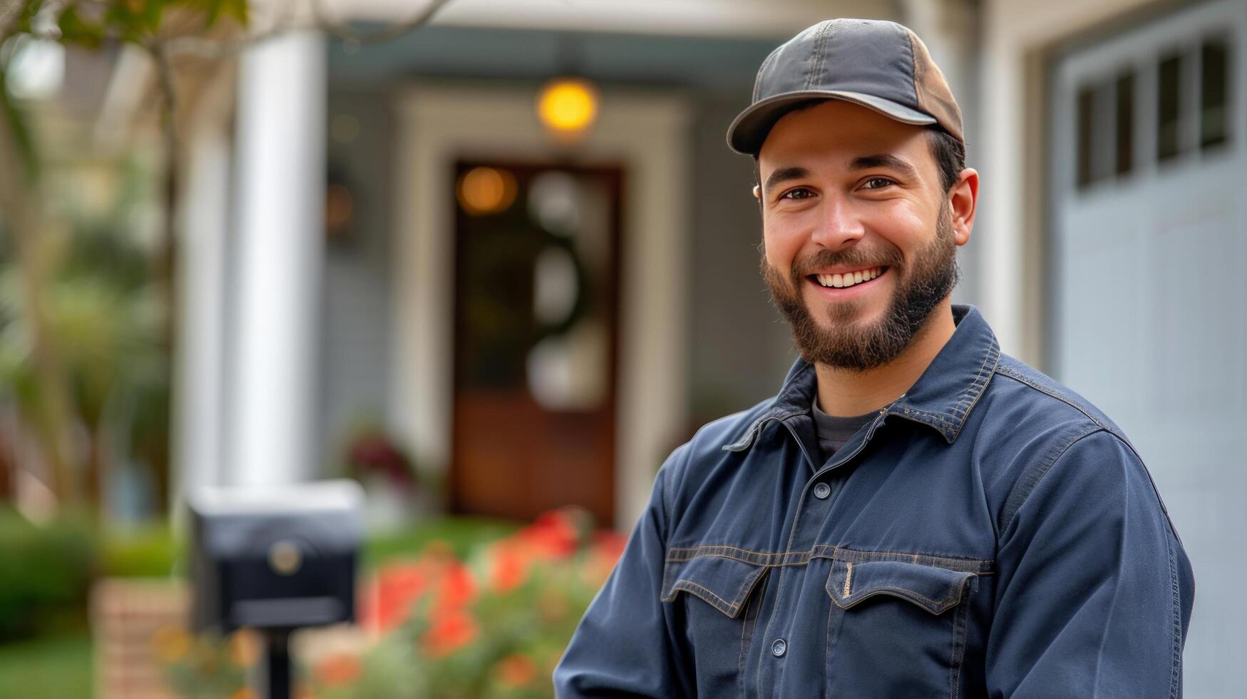 AI generated Handsome young postman stands smiling and looking at the camera near a classic American house with a mailbox photo