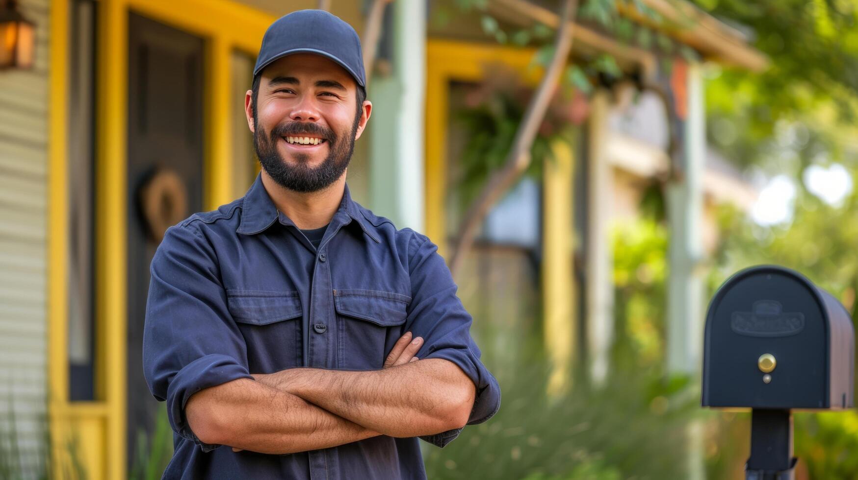 AI generated Handsome young postman stands smiling and looking at the camera near a classic American house with a mailbox photo