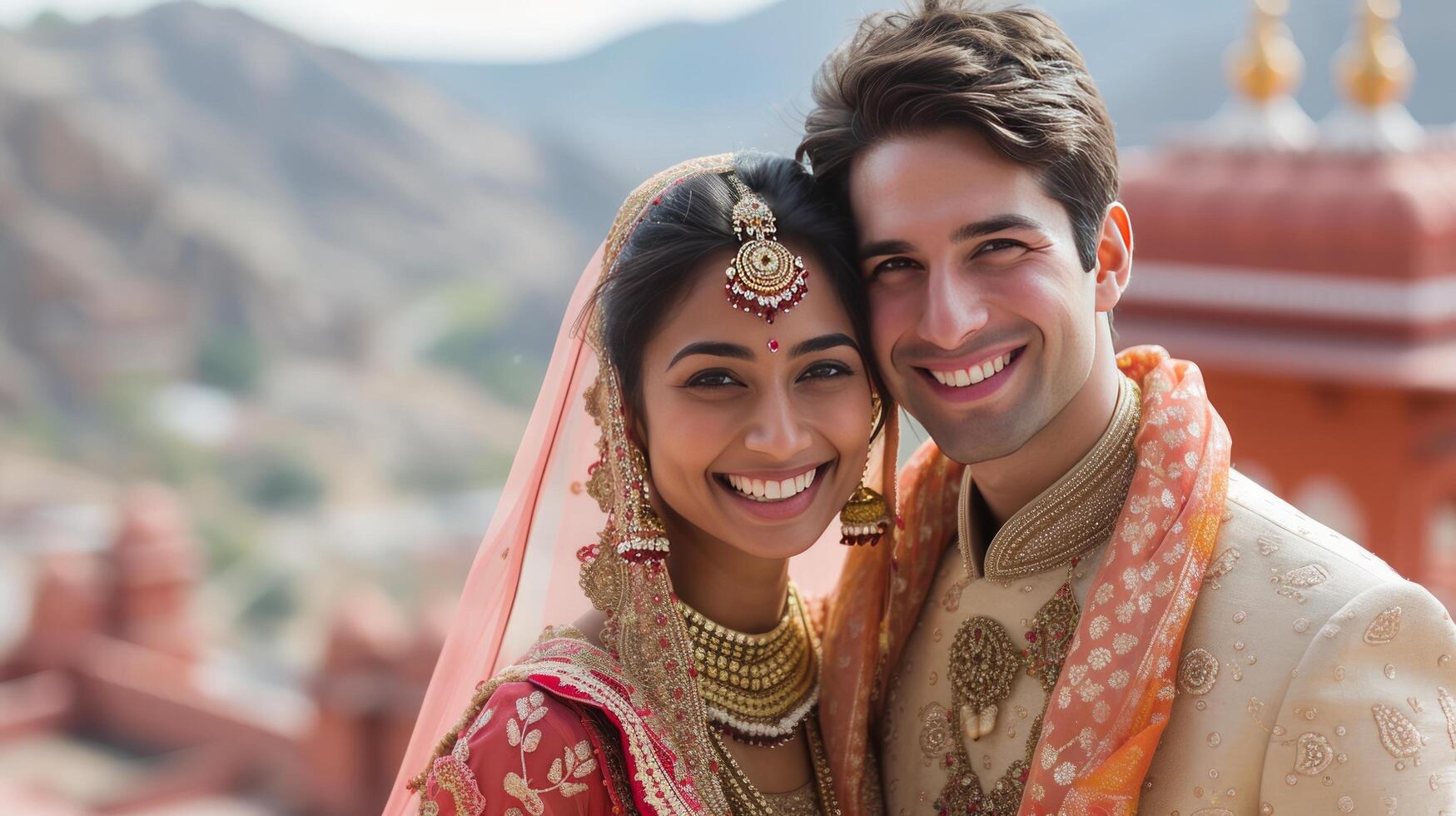 AI generated Happy beautiful and indian couple smiling looking at camera while standing against blurred indian photo