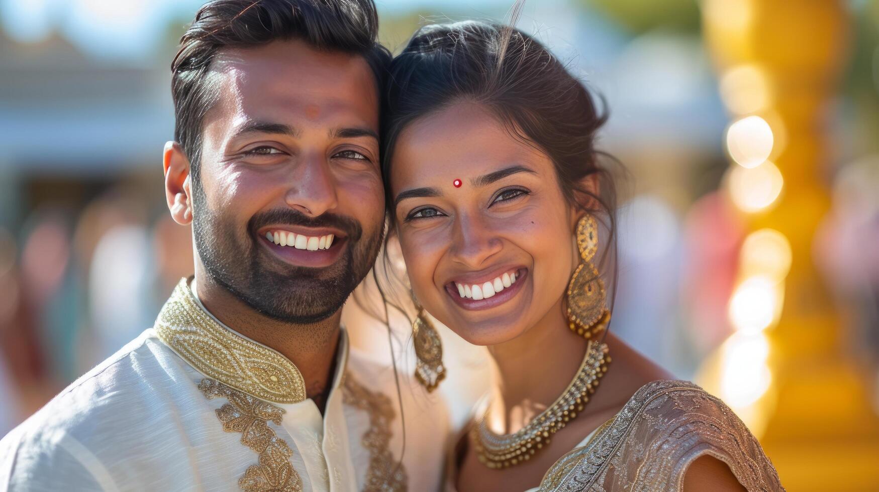 AI generated Happy beautiful and indian couple smiling looking at camera while standing against blurred indian photo