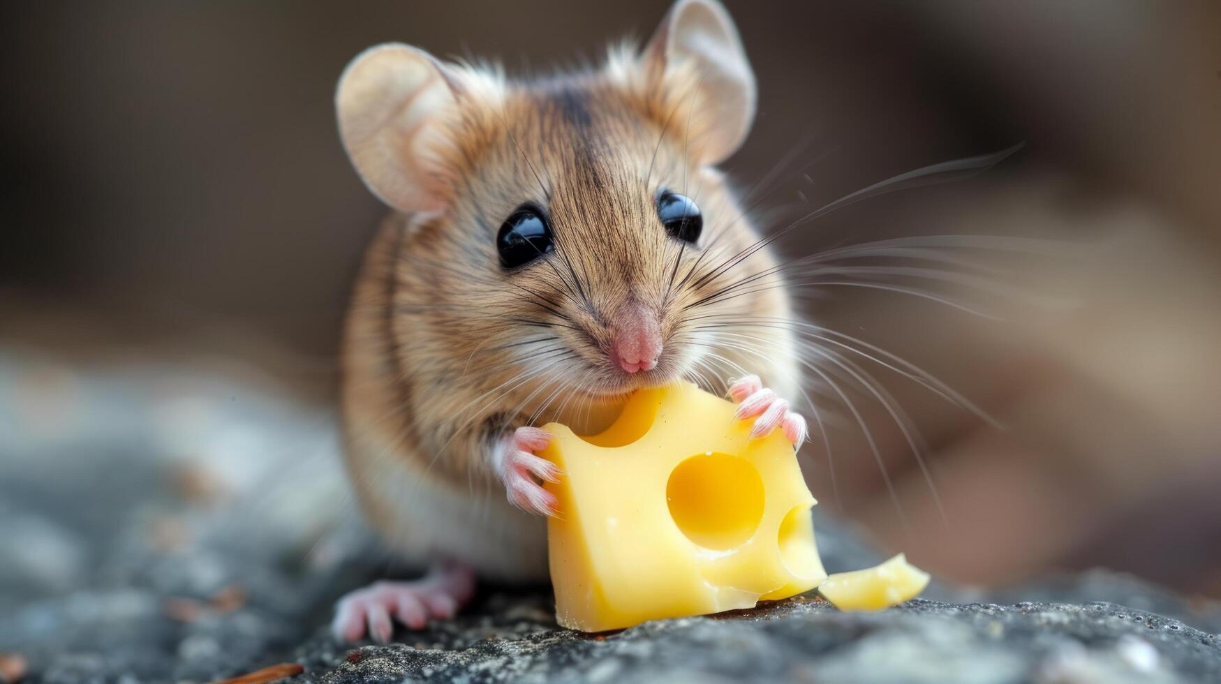 AI generated Little cute mouse eats cheese and looks at the camera photo