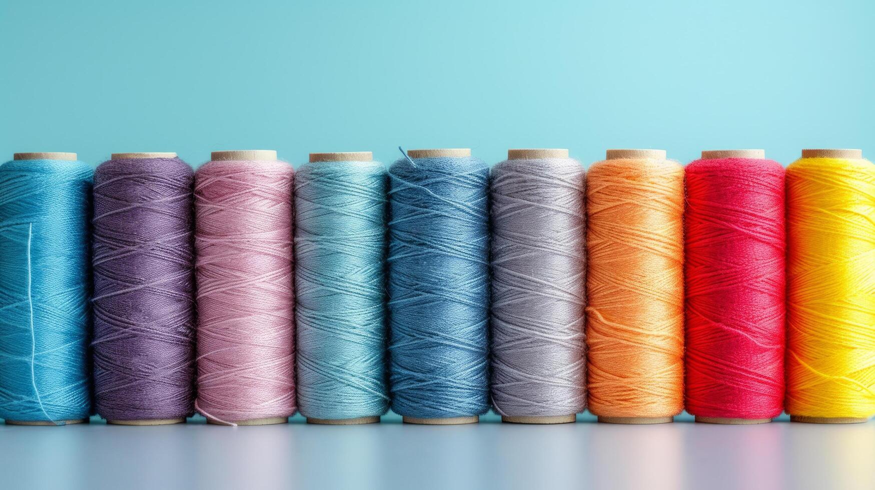 AI generated Multi-colored sewing threads lie in a row on a minimalistic bright background photo