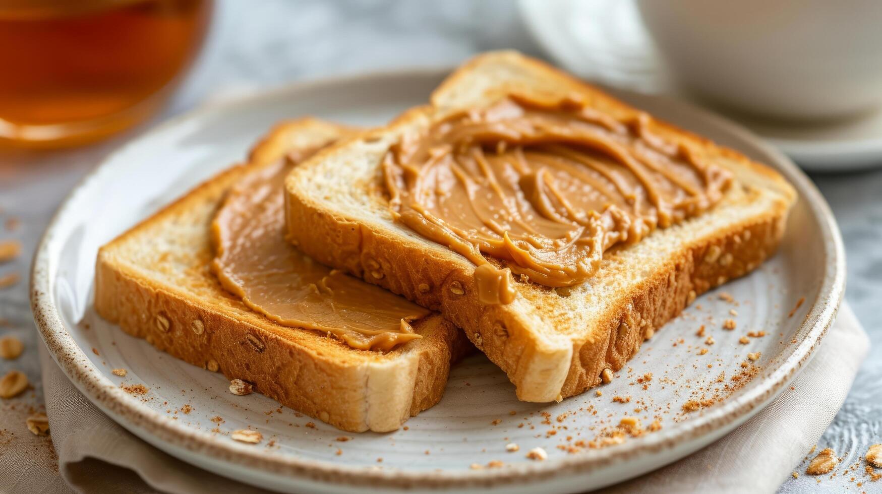 AI generated Toast spread with peanut butter lies on a white plate photo