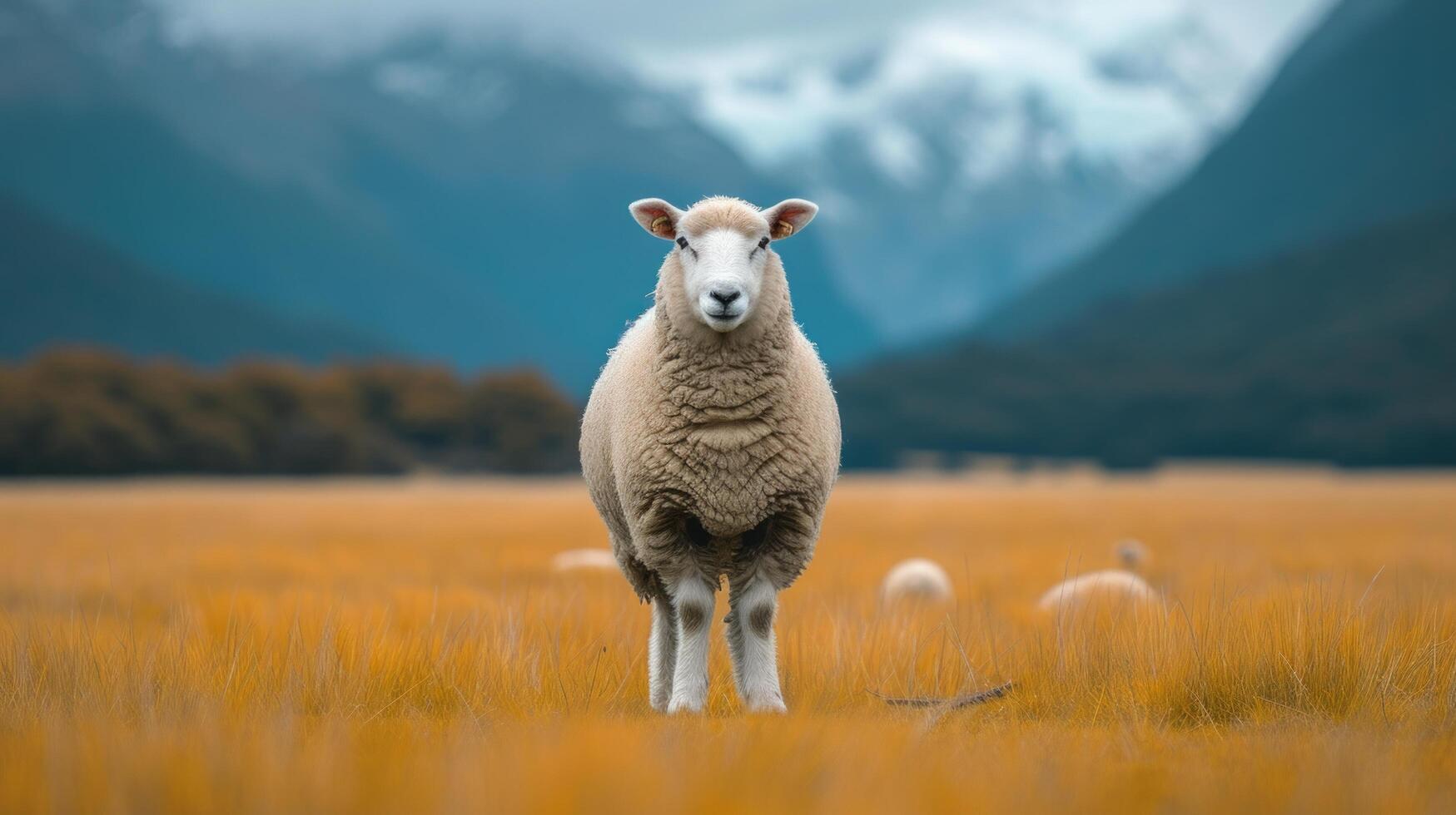 AI generated A beautiful big fat sheep stands and looks at the camera photo