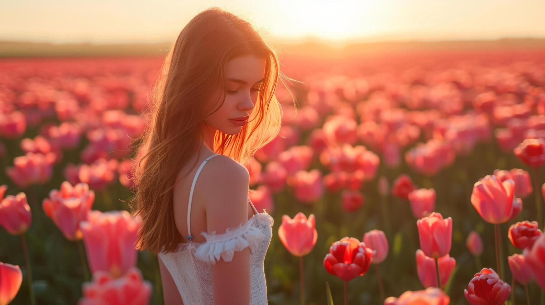 AI generated A beautiful girl walks through a field with blooming tulips photo