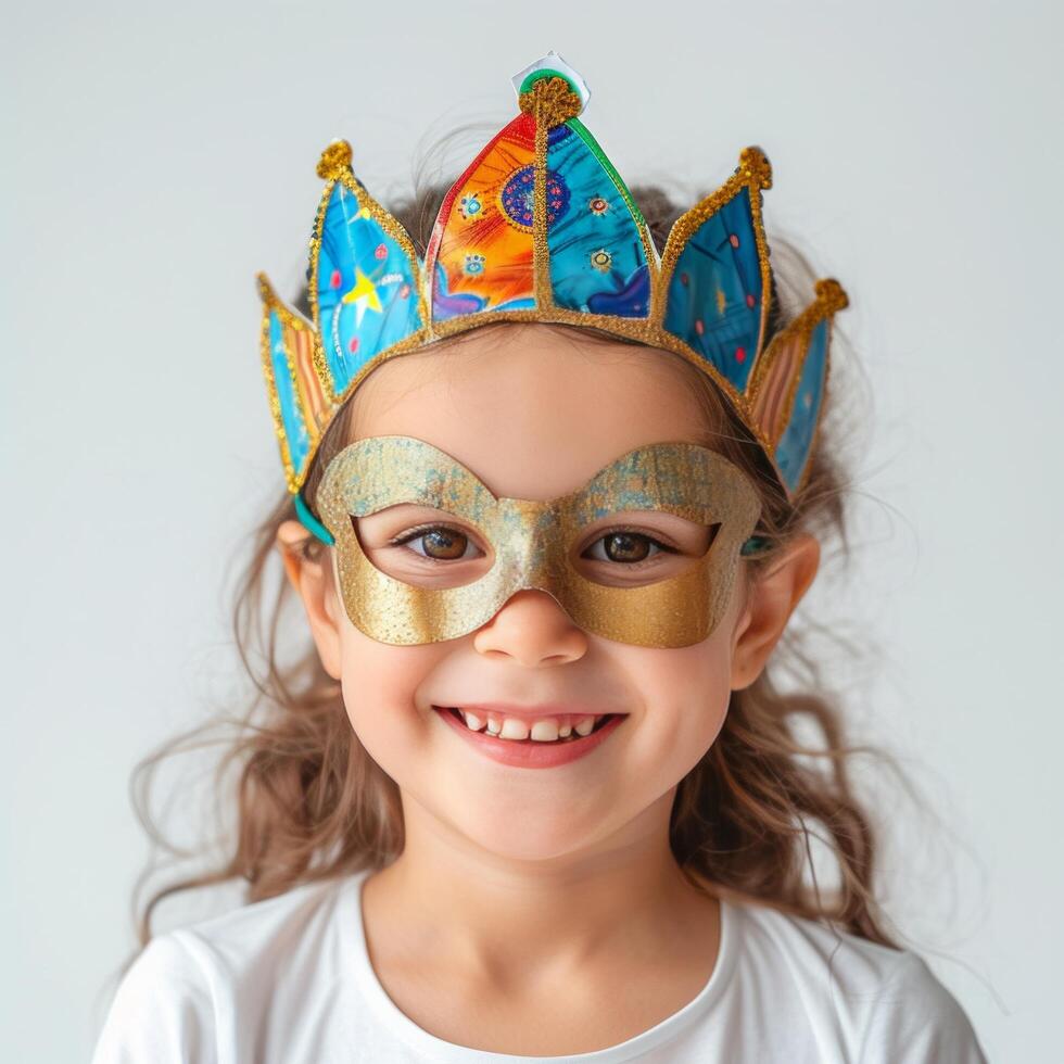 AI generated A five-year-old girl wearing a carnival mask laughs and looks at the camera on a white isolated photo