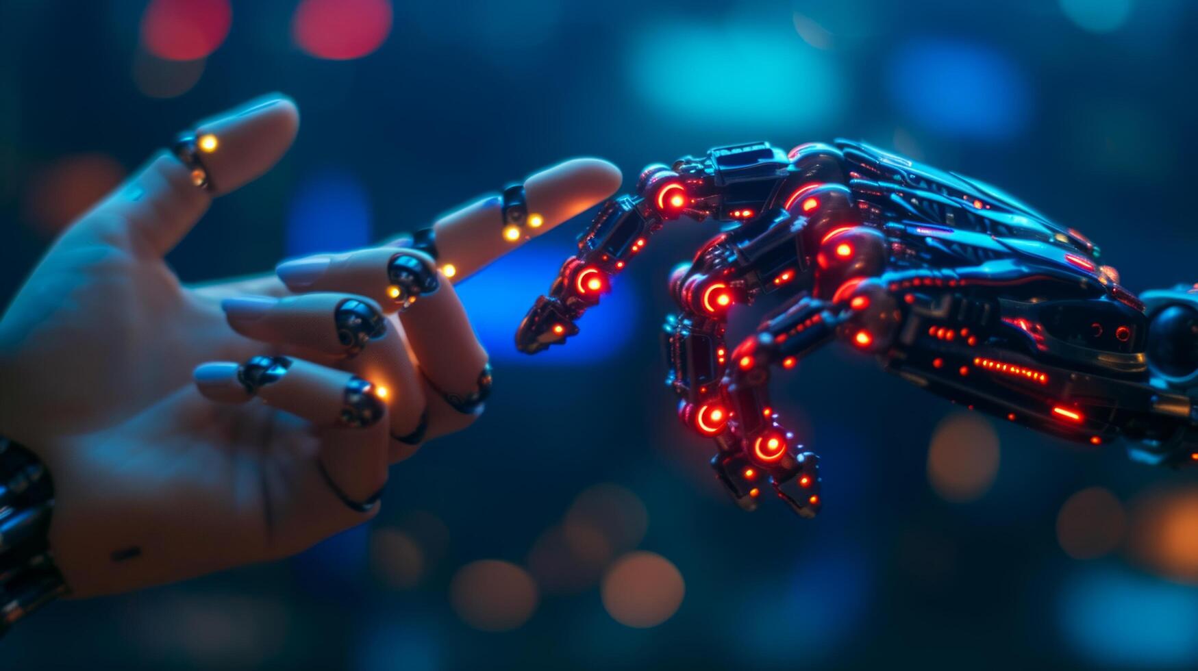 AI generated A human hand touches a robot's hand on a dark blue technological neon background photo