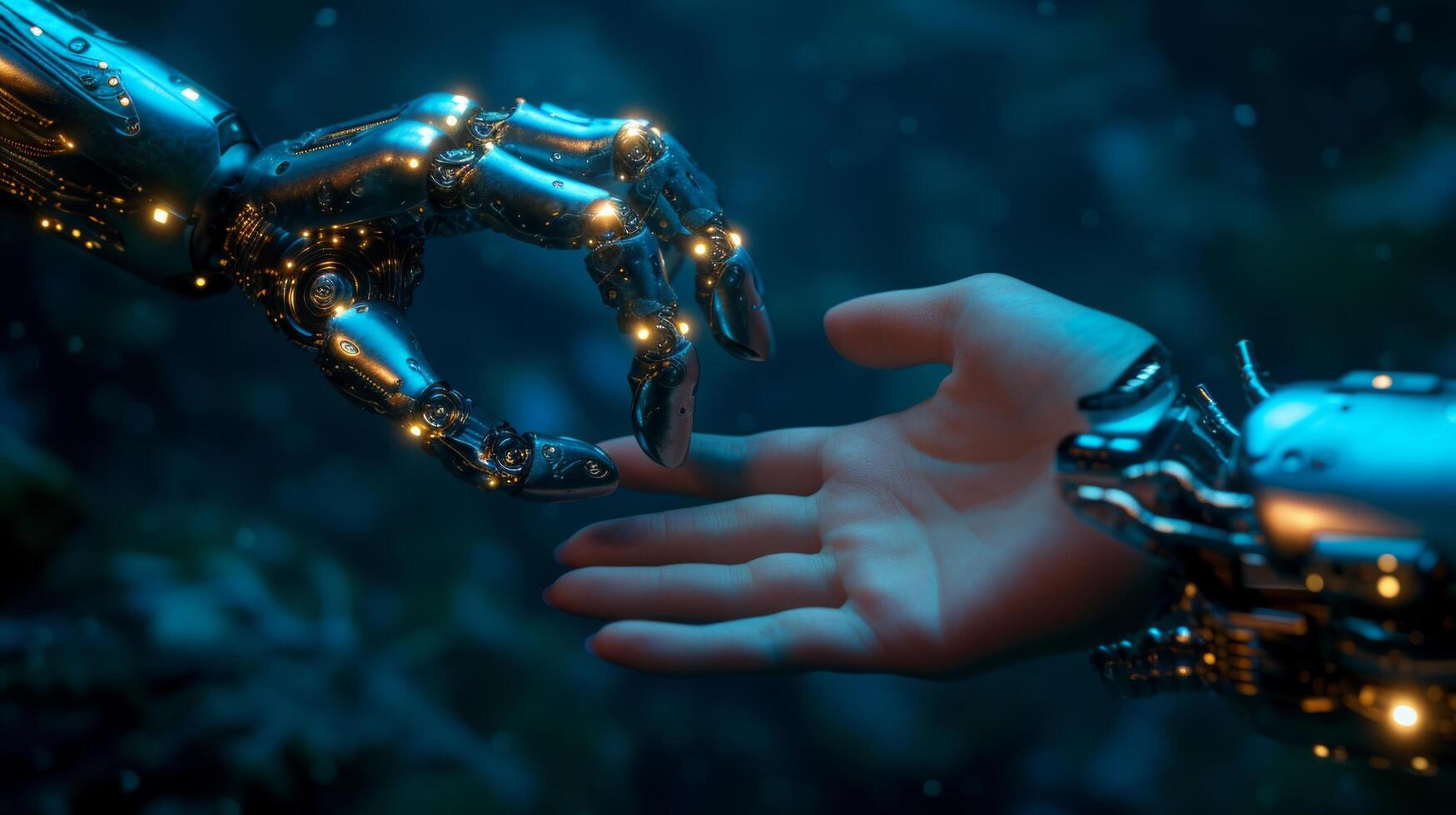 AI generated A human hand touches a robot's hand on a dark blue technological neon background photo