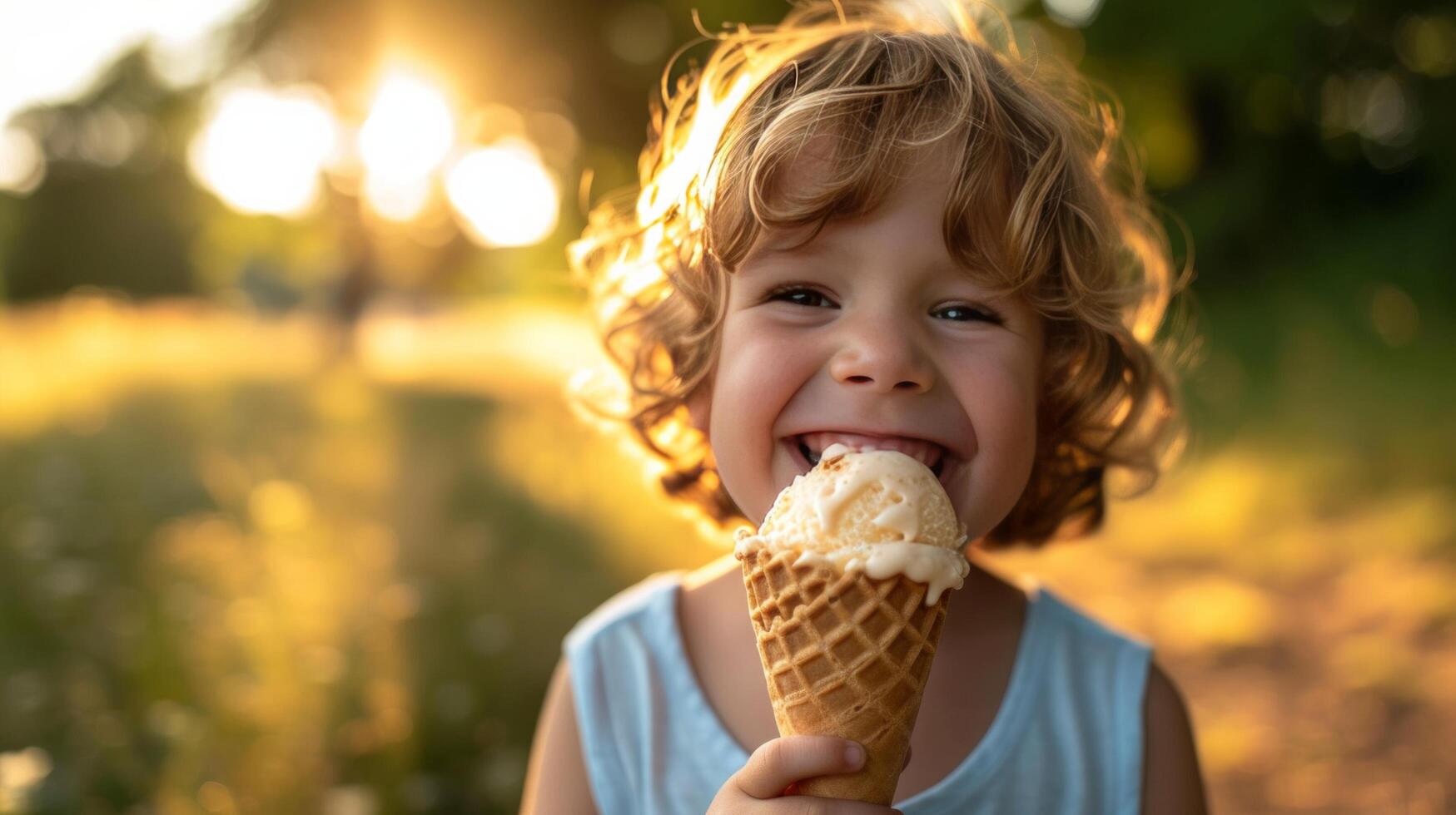 AI generated A Joyful Youngster Savors a Waffle Cone on a Summer Stroll photo
