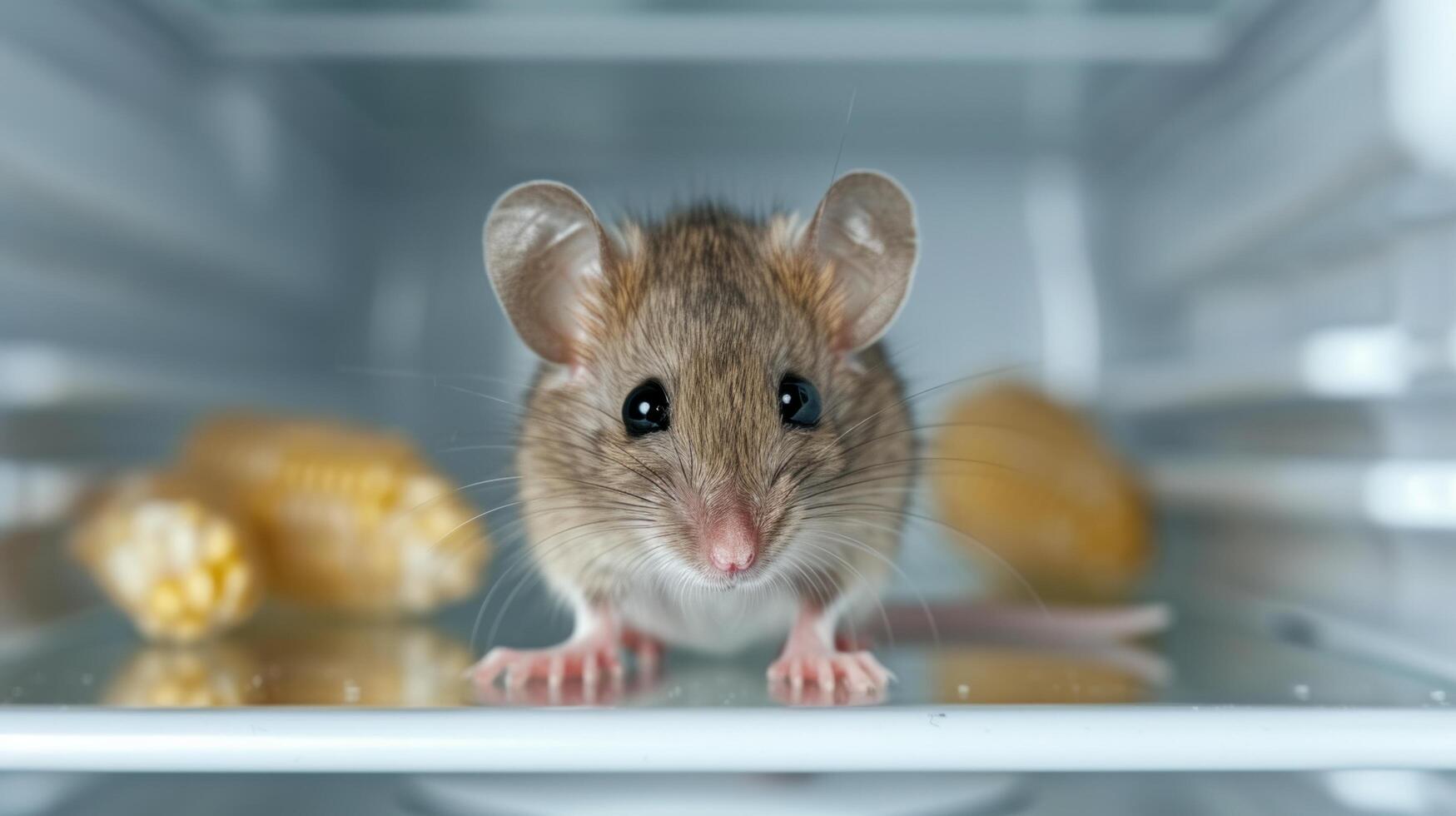 AI generated A small gray mouse with big eyes sits on an empty refrigerator shelf and looks at the camera photo