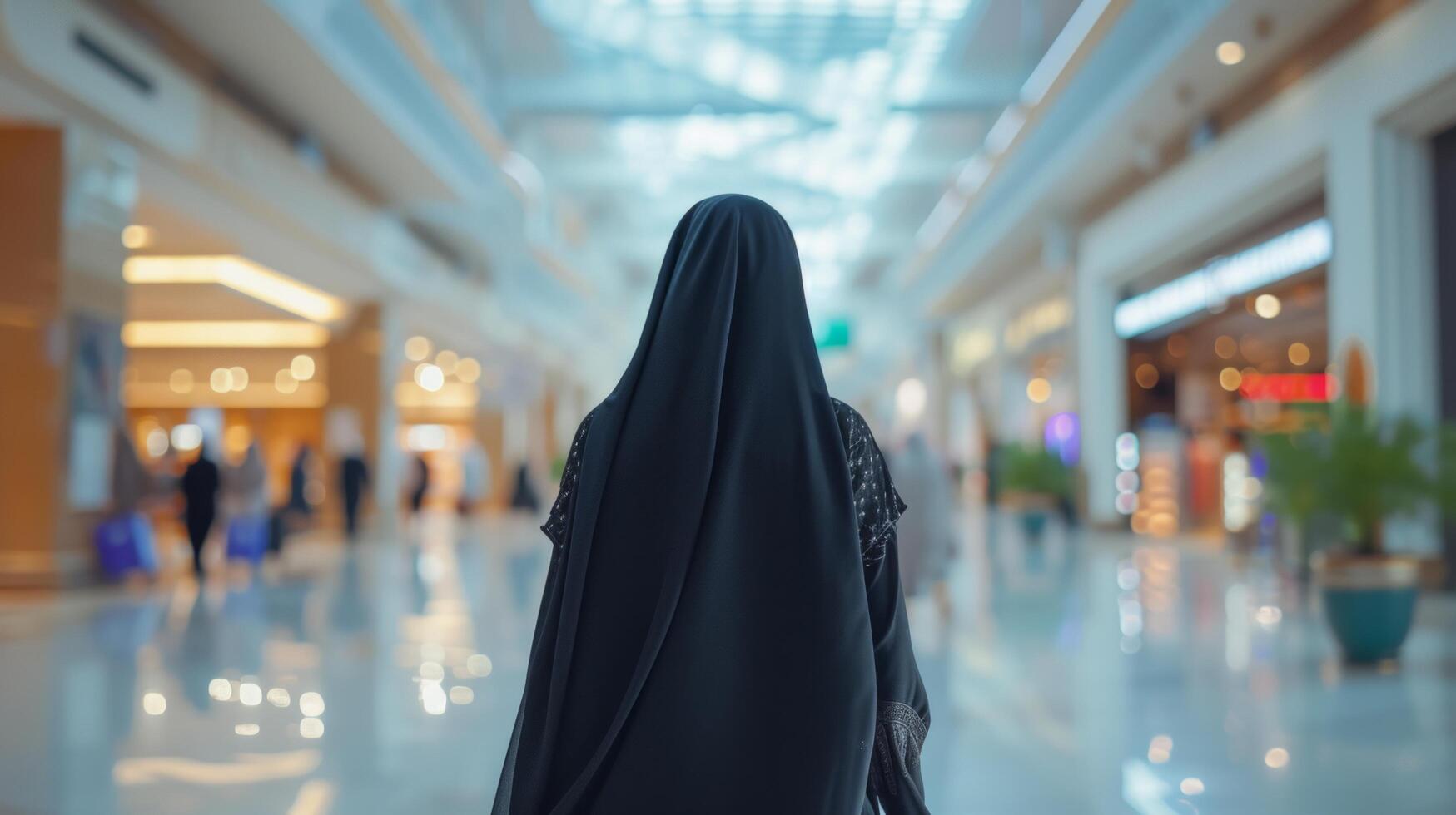 AI generated A young beautiful Arab woman in a black Abaya walks through a large shopping center photo