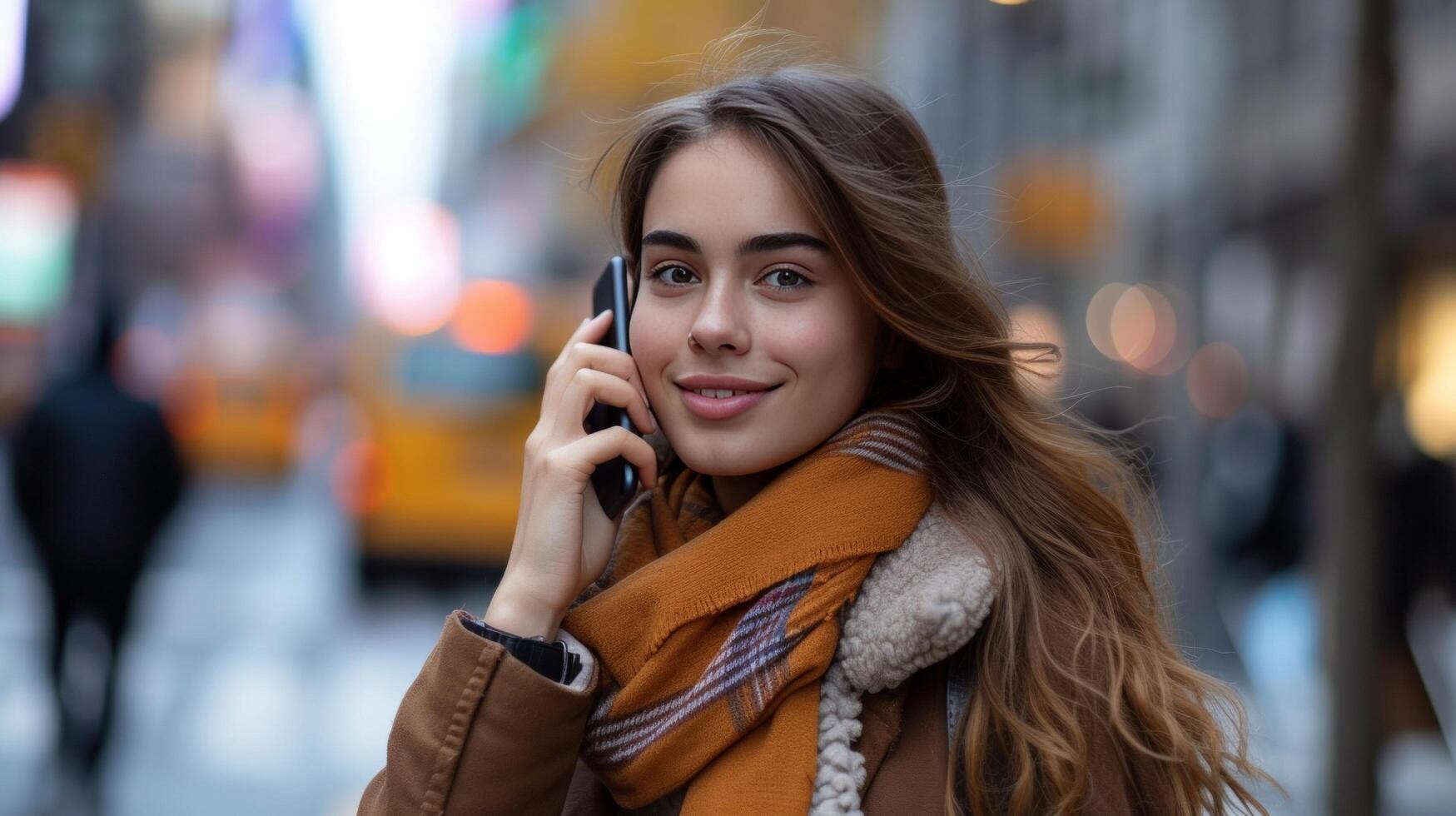 AI generated A young woman walks along a city street and calls on the phone while looking at the camera photo