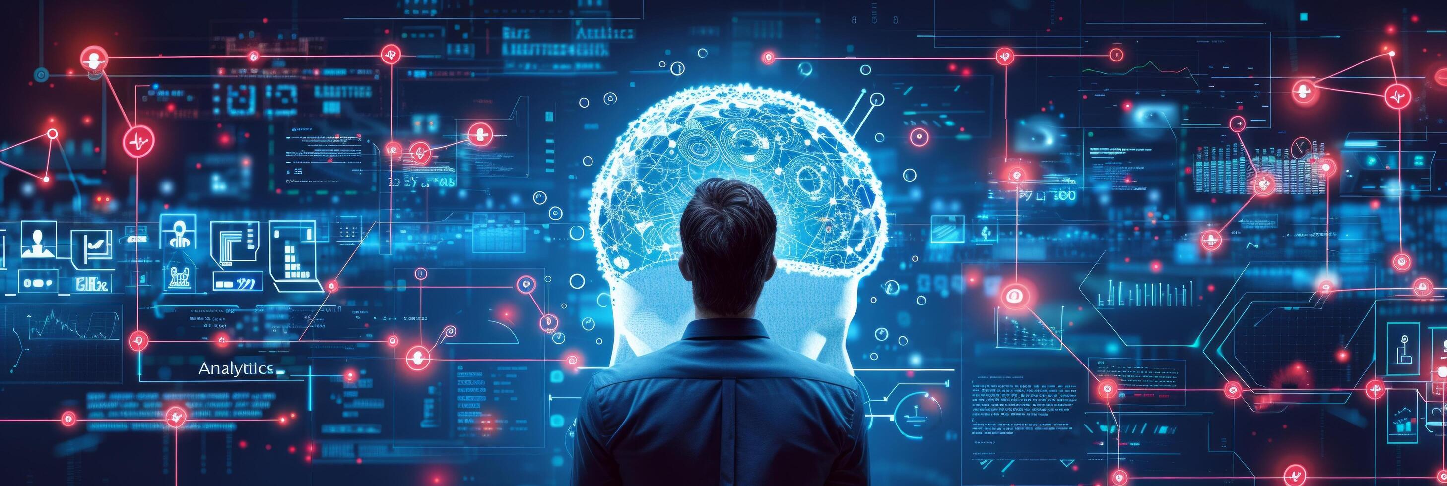 AI generated A businessman analyzes intricate data patterns with the aid of advanced AI algorithms photo