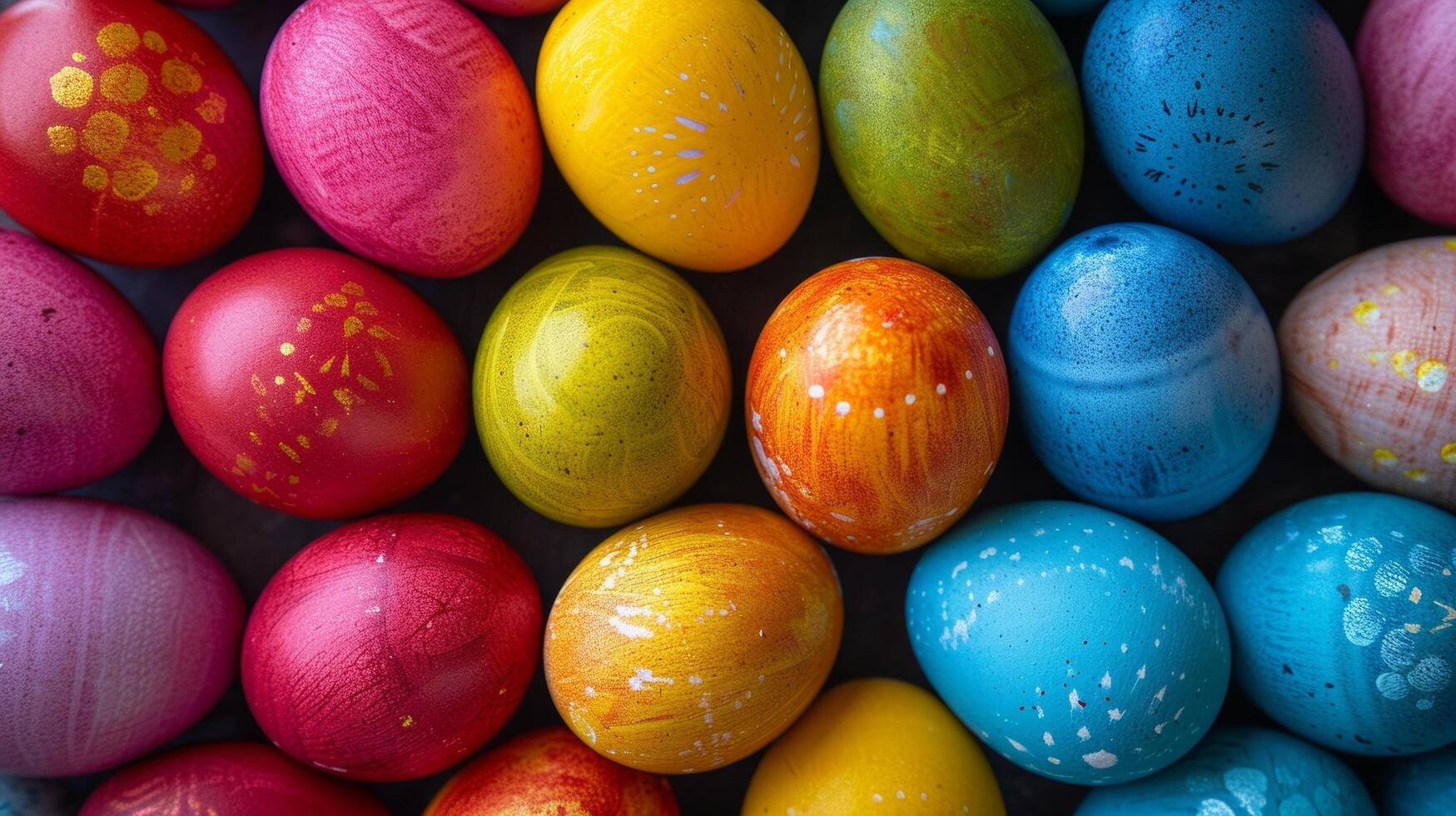 AI generated Background of multi-colored chicken eggs painted for Easter photo