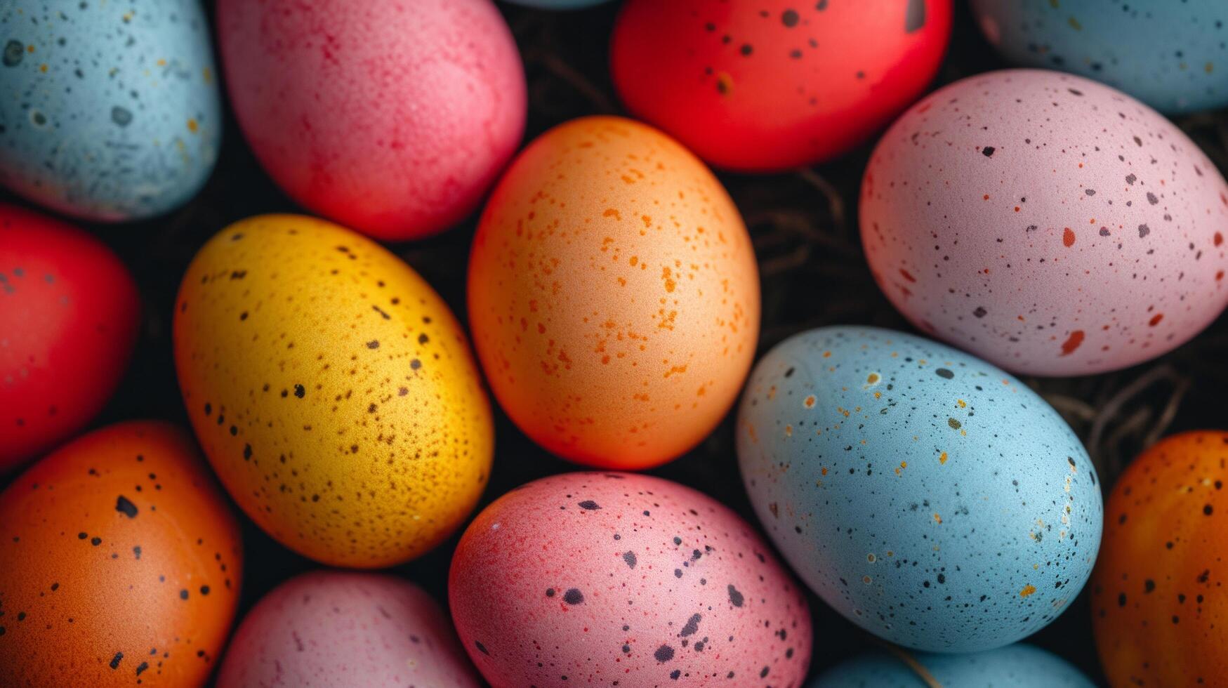 AI generated Background of multi-colored chicken eggs painted for Easter photo