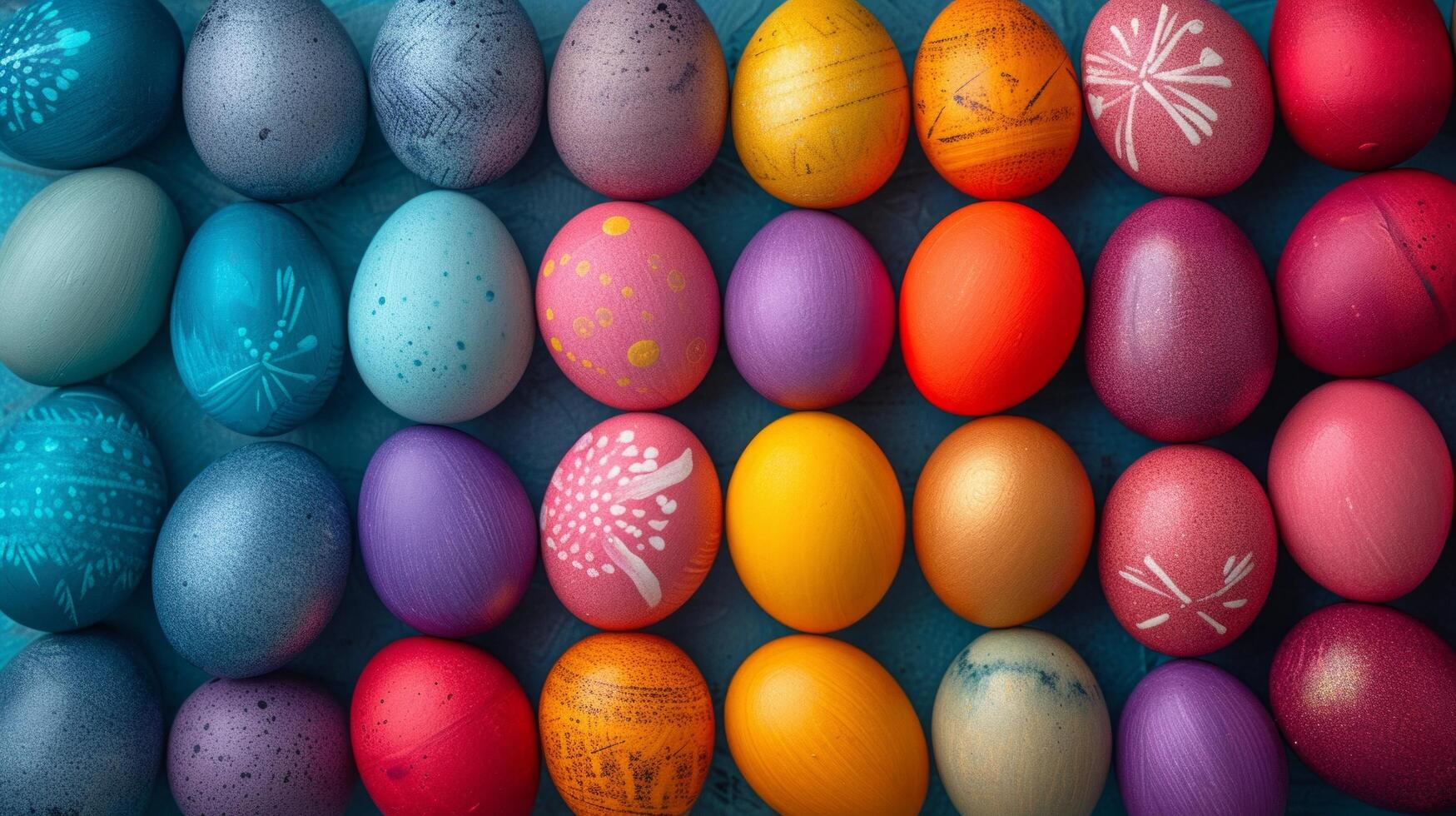 AI generated Background of multi-colored chicken eggs painted for Easter photo