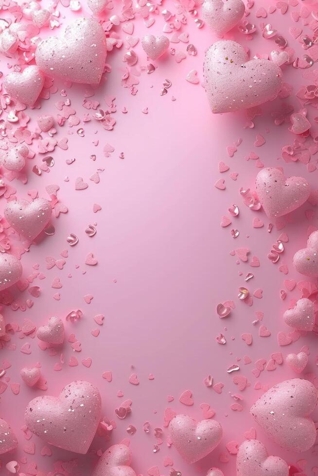 AI generated Beautiful delicate pink background with frame of voluminous 3D hearts and plenty of space for text photo