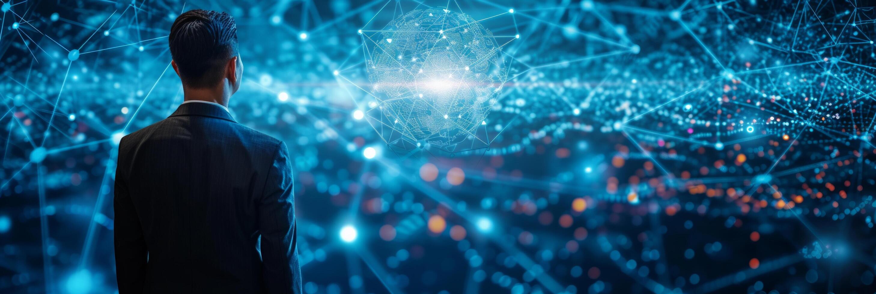 AI generated businessman can be seen holding icons related to technology, servers photo