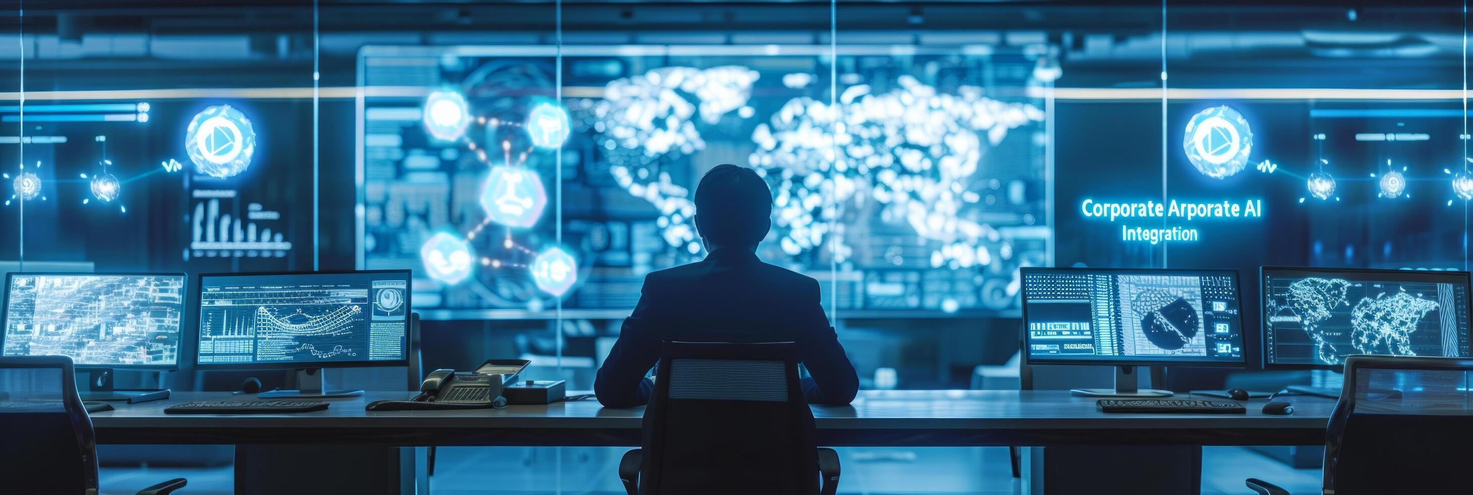 AI generated In a modern office setting, a business leader demonstrates the successful integration of AI into various facets photo