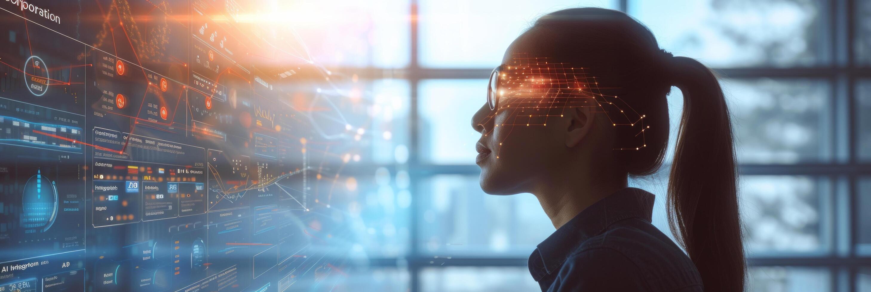 AI generated In a modern office setting, a business leader demonstrates the successful integration of AI into various facets photo