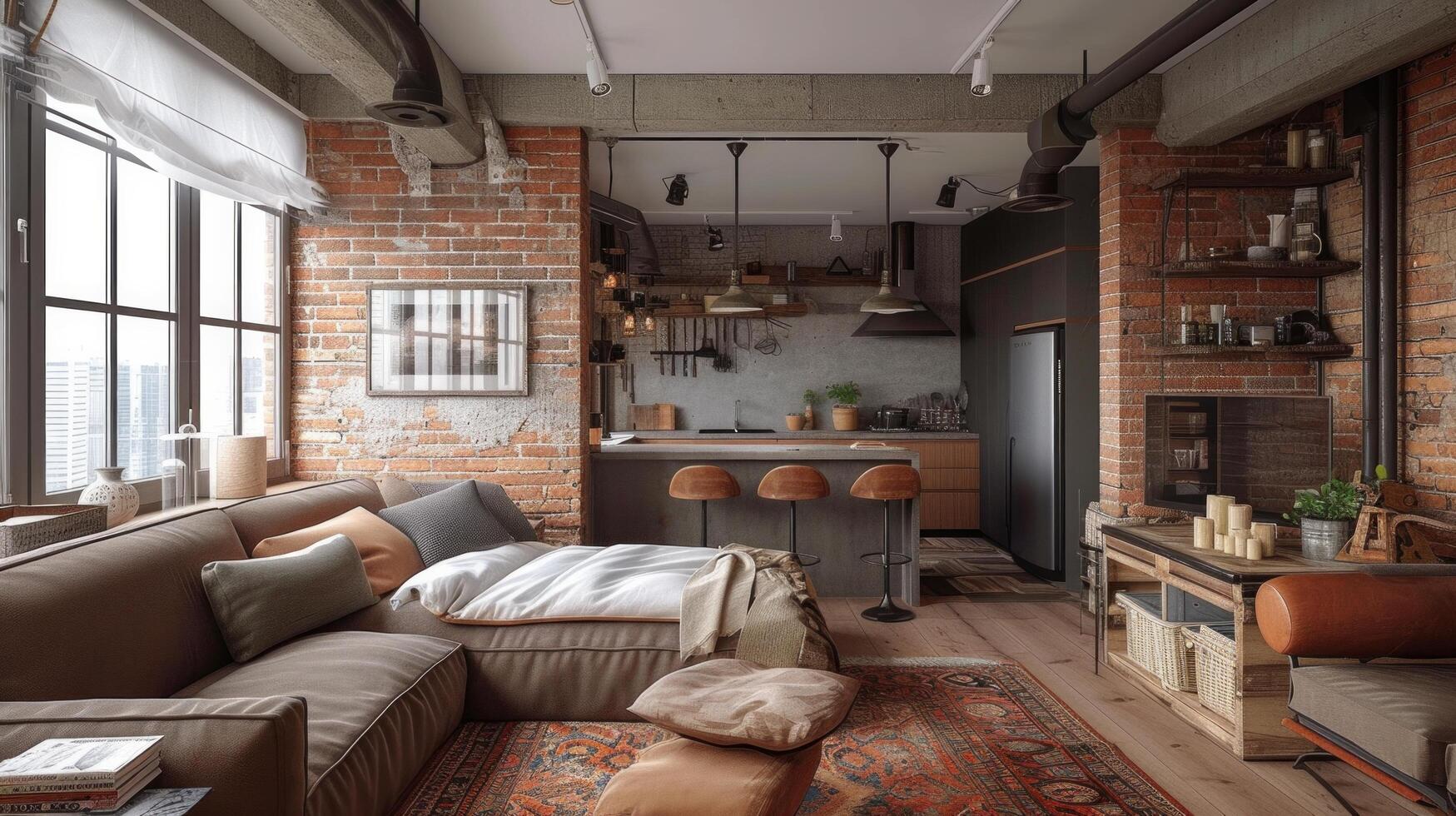 AI generated design of a small studio apartment in loft style photo