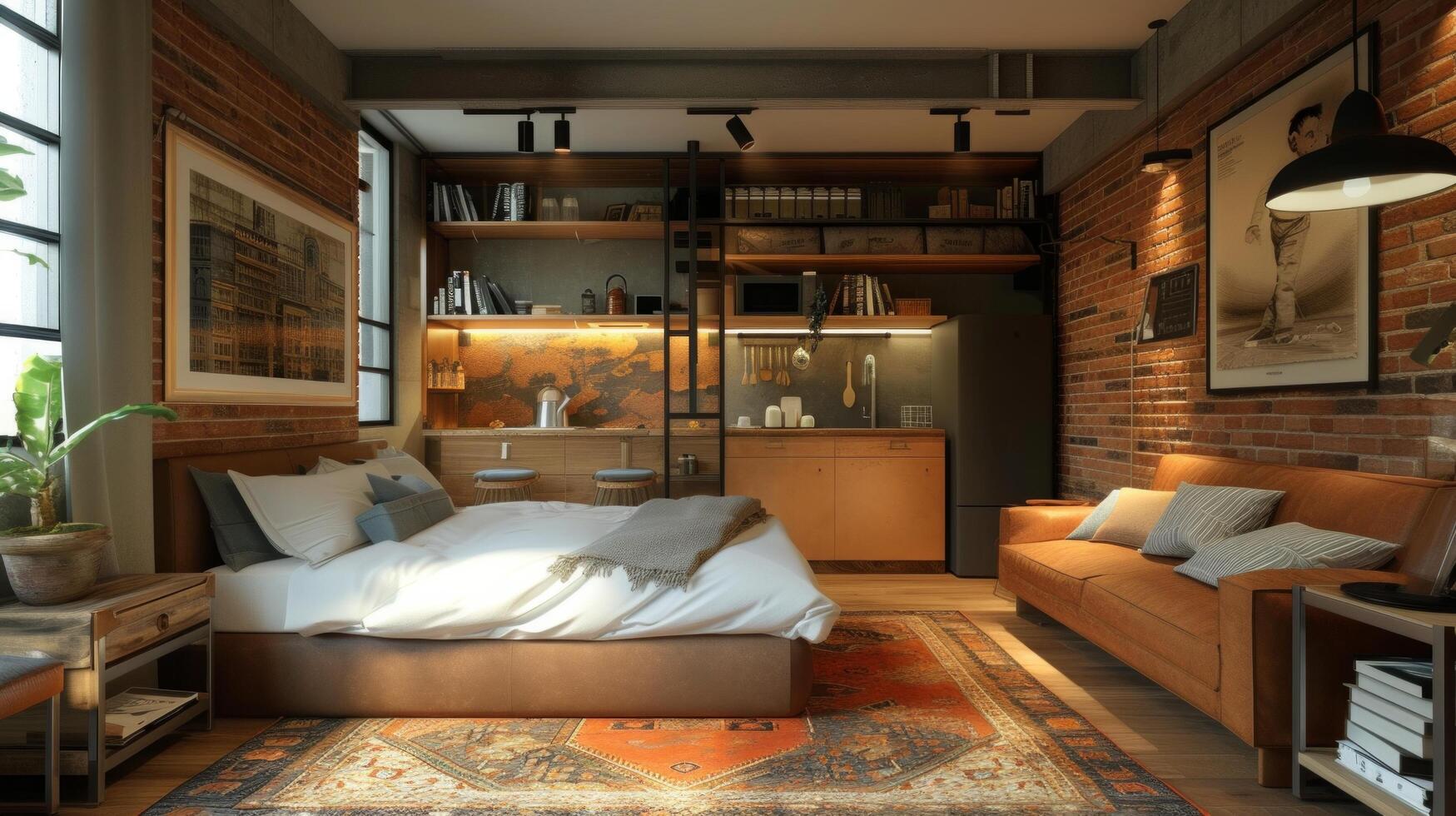 AI generated design of a small studio apartment in loft style photo