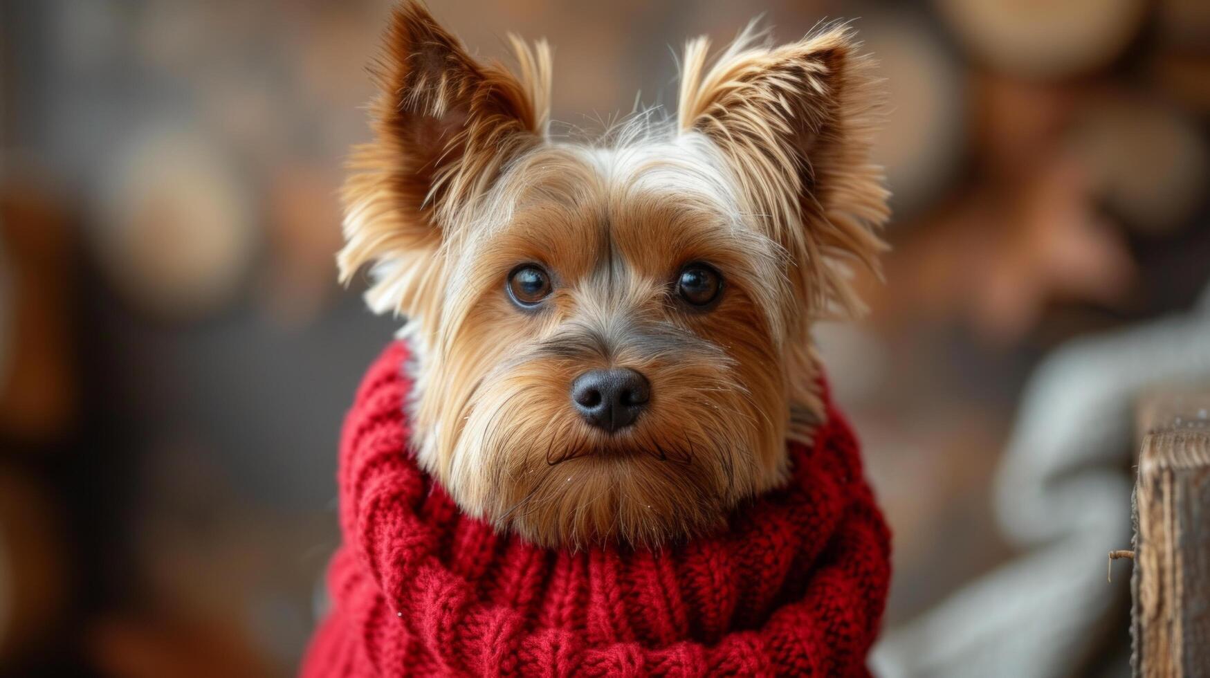 AI generated Fluffy little Yorkshire terrier dog in a red knitted sweater looks at the camera photo