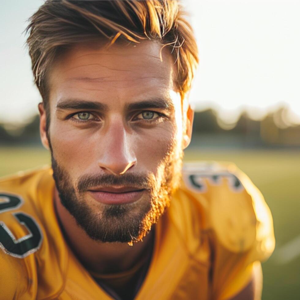 AI generated Handsome football player posing looking at the camera while standing on the football field photo