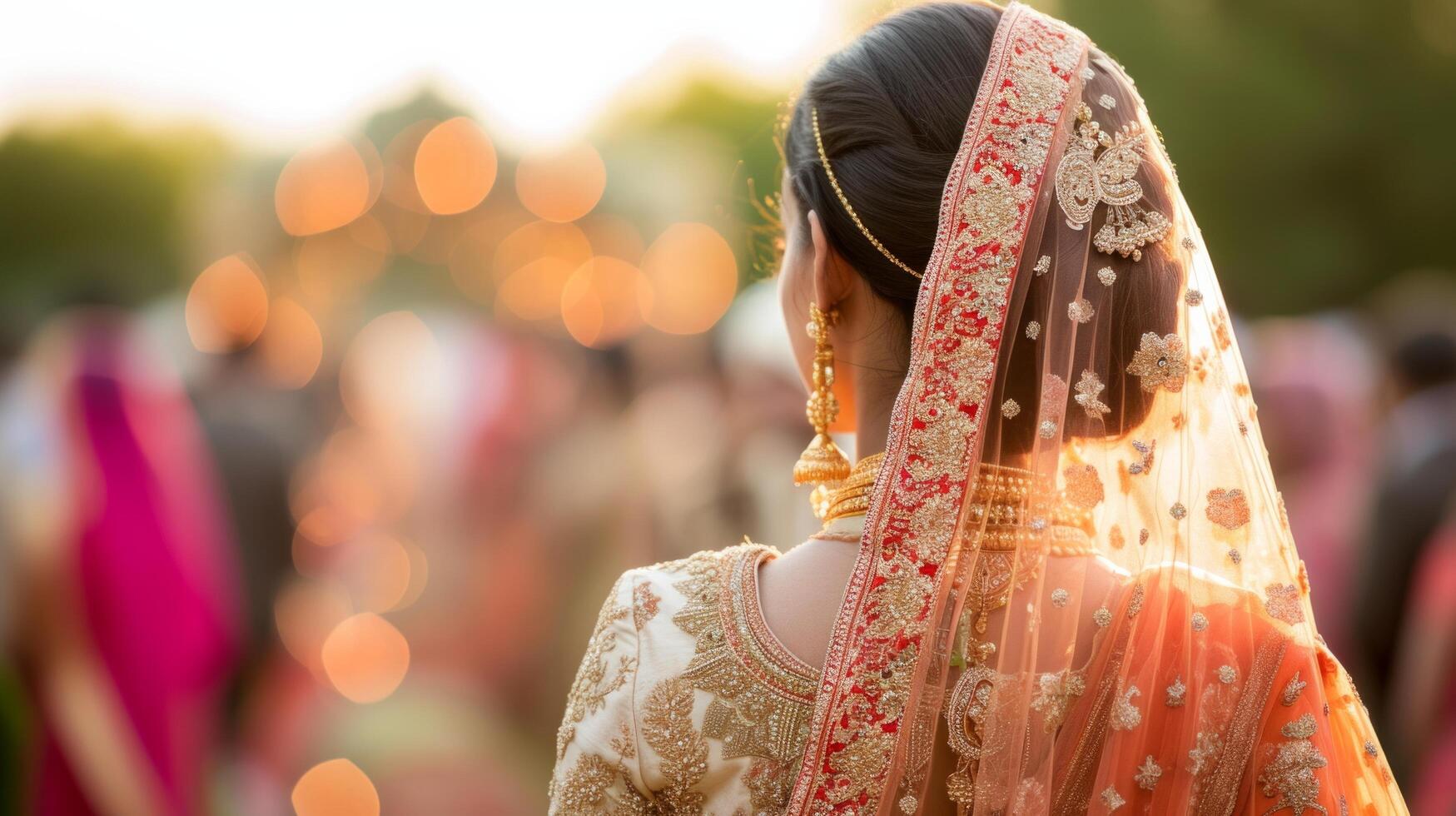 AI generated Indian wedding. Young beautiful bride and groom in national Indian costumes photo