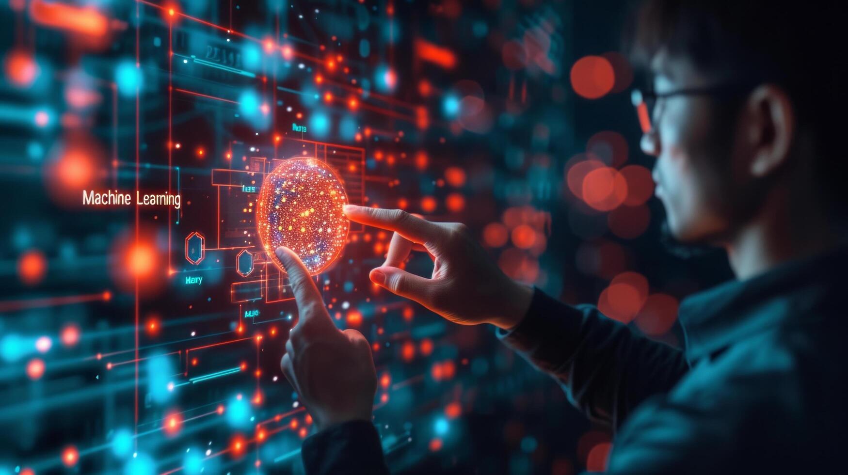 AI generated A businessman collaborates with AI algorithms, fostering innovation in a high-tech environment to stay ahead photo