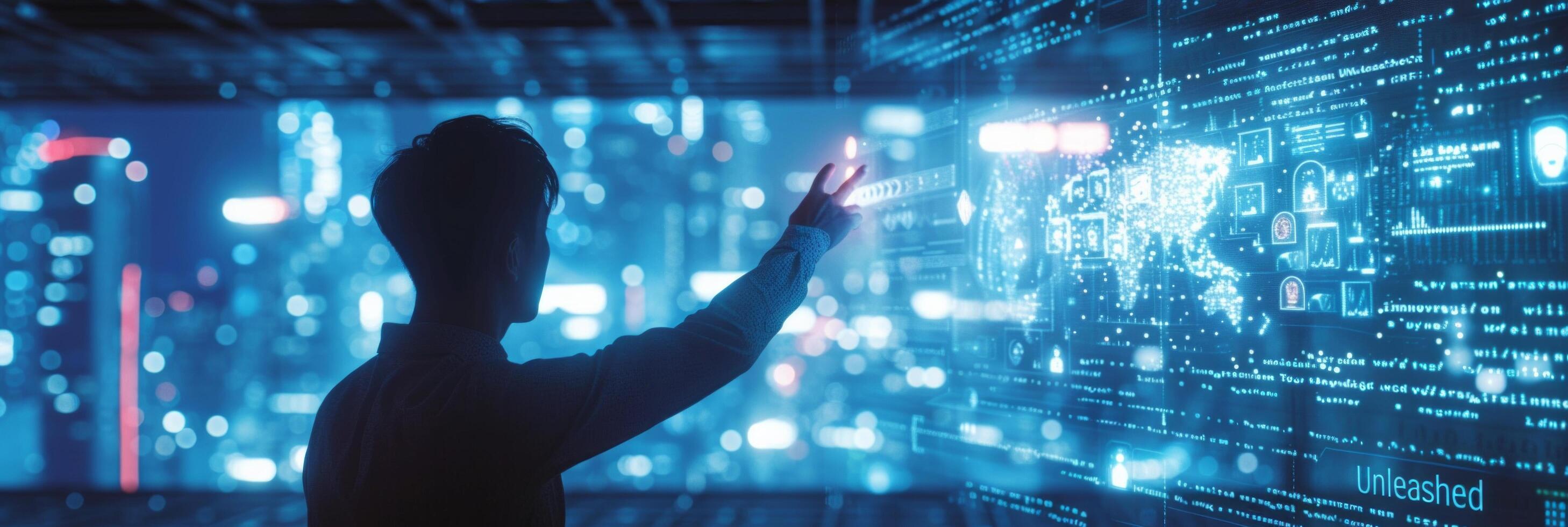 AI generated A businessman collaborates with AI algorithms, fostering innovation in a high-tech environment to stay ahead photo