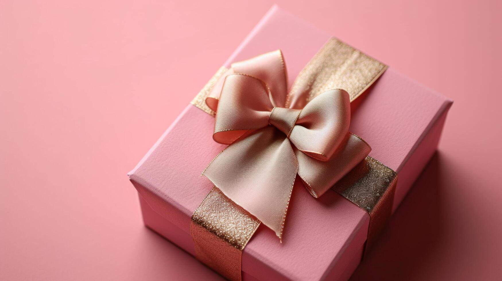 AI generated Pink gift box with gold silk bow on isolated pink background photo