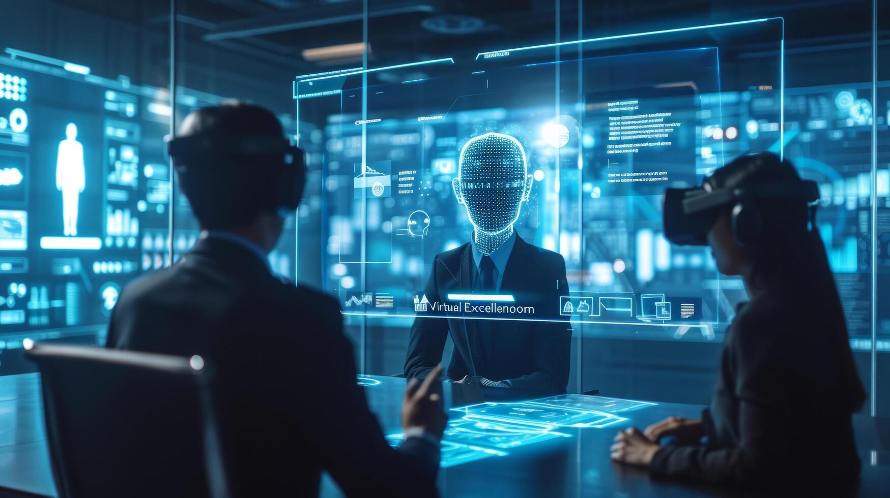 AI generated Business leaders conduct a high-stakes virtual meeting using holographic projections and AI-supported communication photo