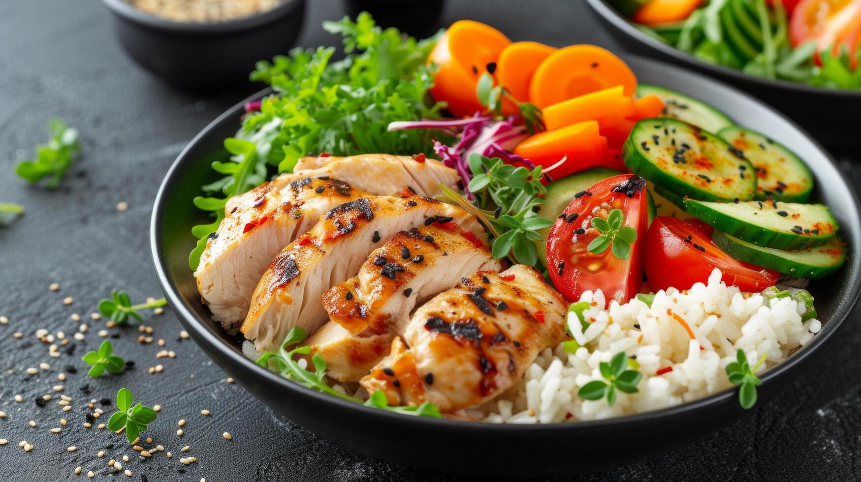 AI generated A balanced meal featuring lean proteins, whole grains, and nutrient-dense vegetables photo
