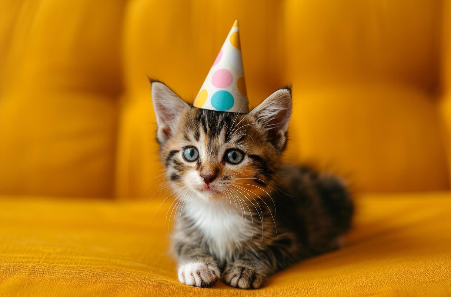 AI generated a kitten wearing a party hat on a yellow surface photo
