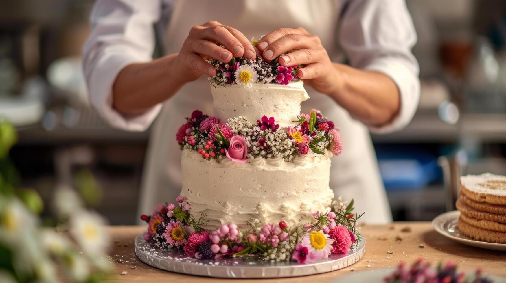 AI generated A pastry chef arranging edible flowers on a stunning wedding cake photo