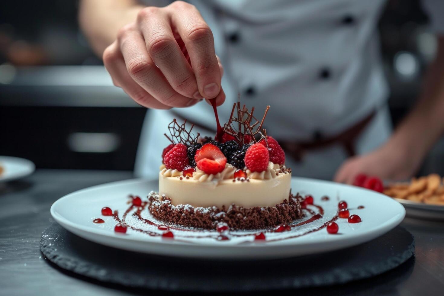 AI generated A pastry chef arranging edible flowers on a stunning wedding cake photo
