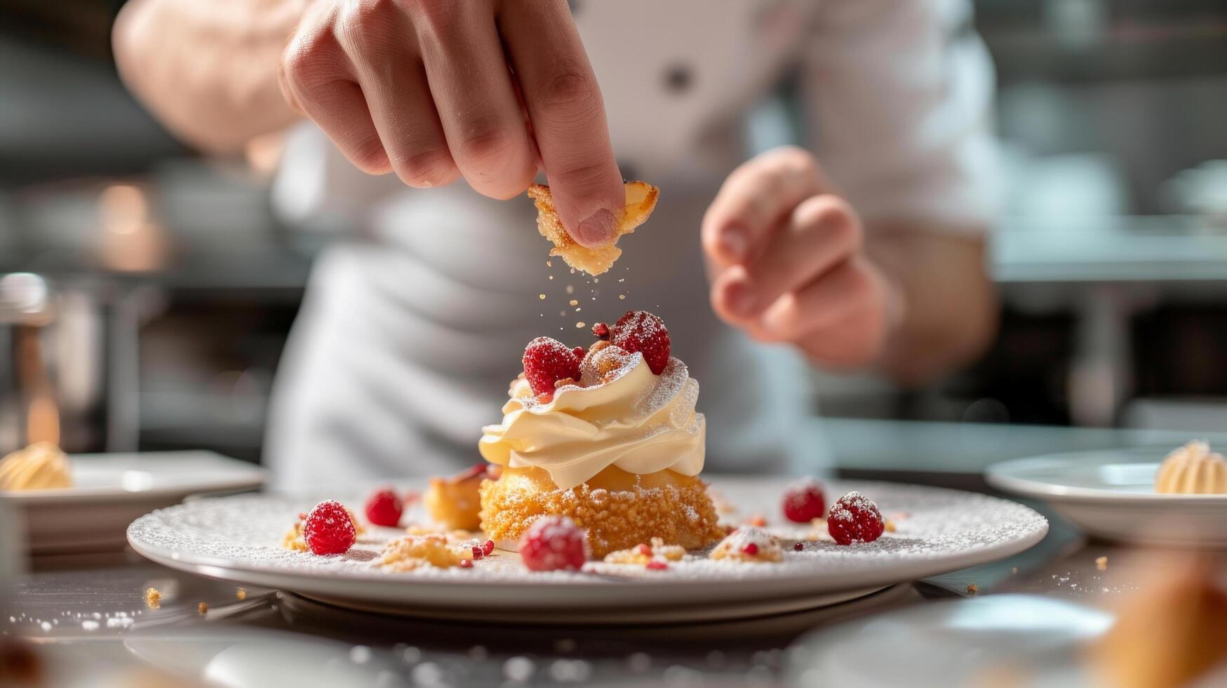 AI generated A pastry chef arranging edible flowers on a stunning wedding cake photo