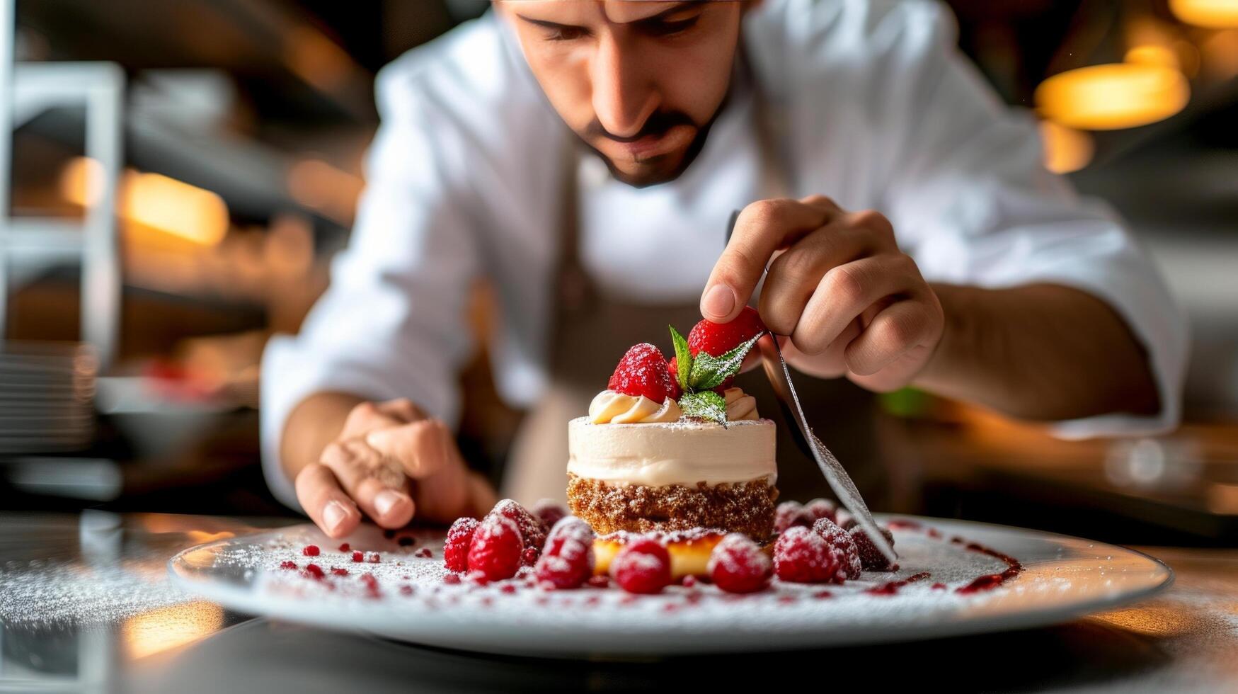 AI generated A pastry chef arranging edible flowers on a stunning wedding cake photo