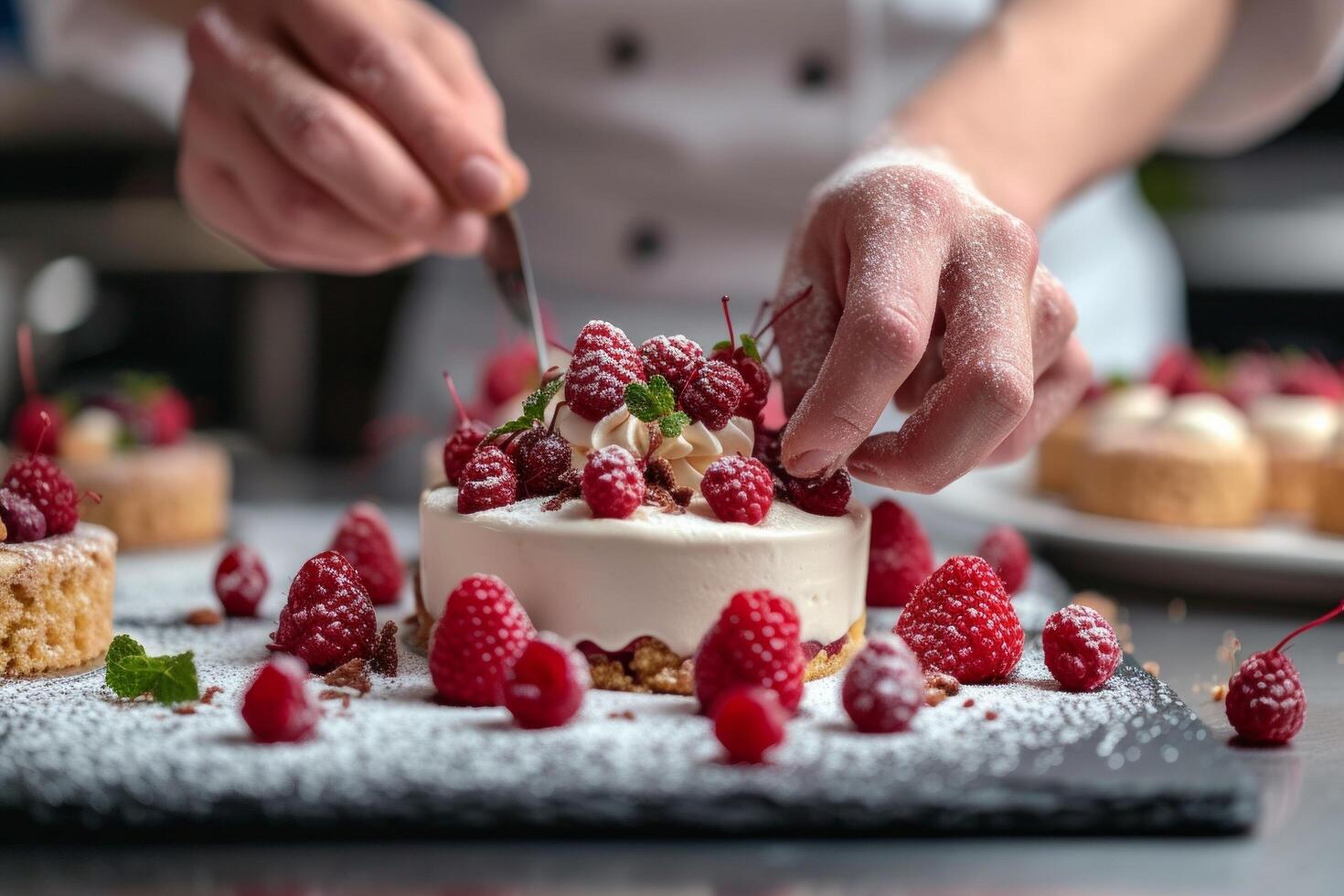AI generated A pastry chef arranging edible flowers on a stunning wedding cake photo
