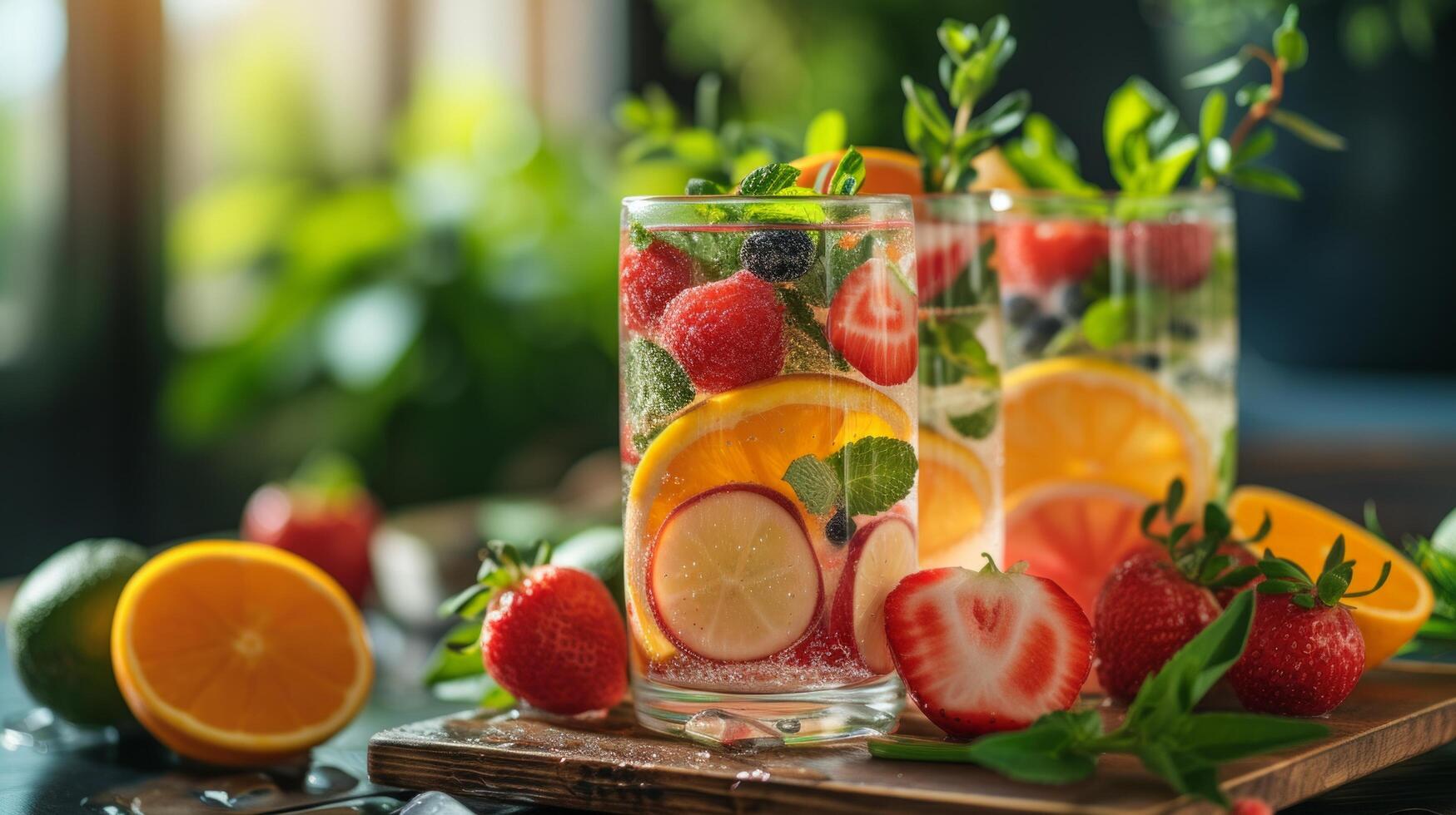 AI generated A snapshot of a table set with refreshing infused water, fresh fruits photo